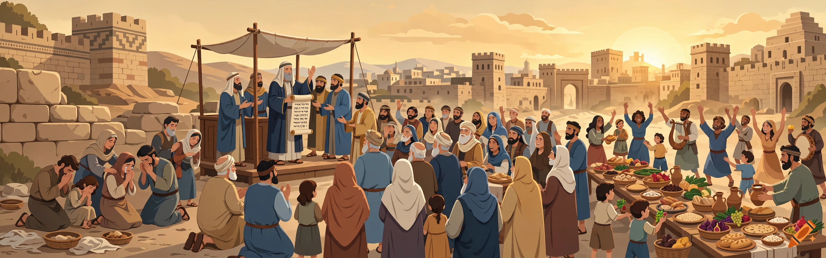 Cinematic historical vector-art illustration of a large crowd celebrating in ancient Jerusalem during the golden hour.