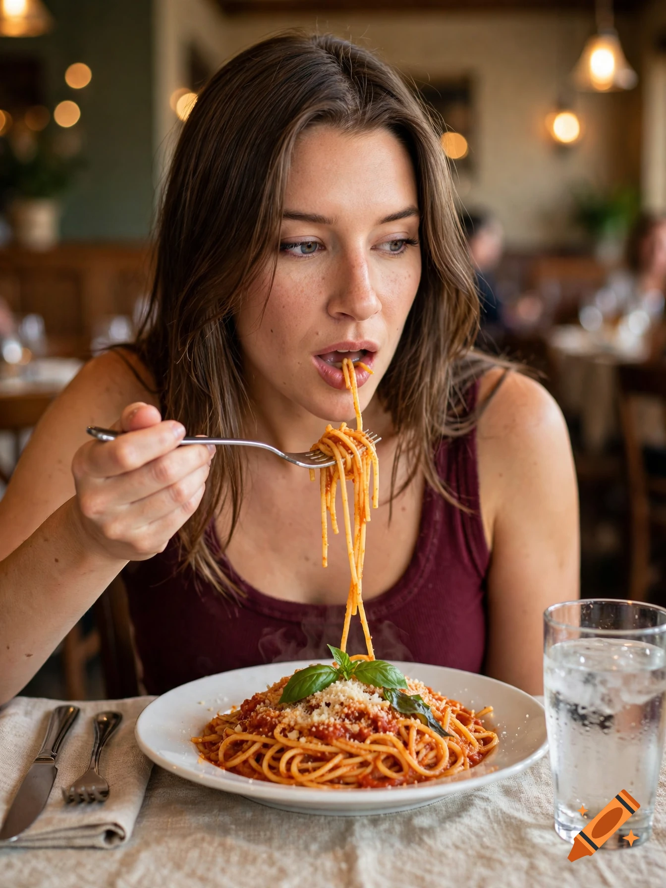 Photorealistic image of a woman eating spaghetti with tomato sauce and basil at a restaurant table with a glass of water.