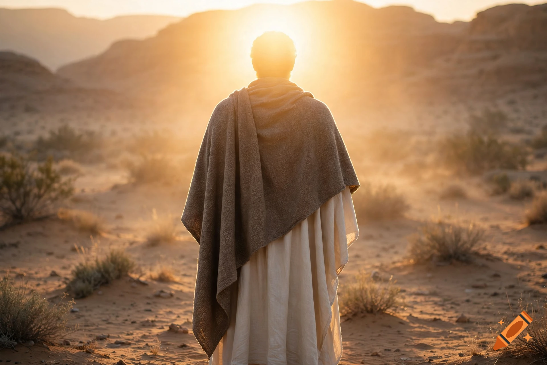 Photorealistic rear view of a prophetic figure in a desert at sunset, wearing a brown cloak and white robe.