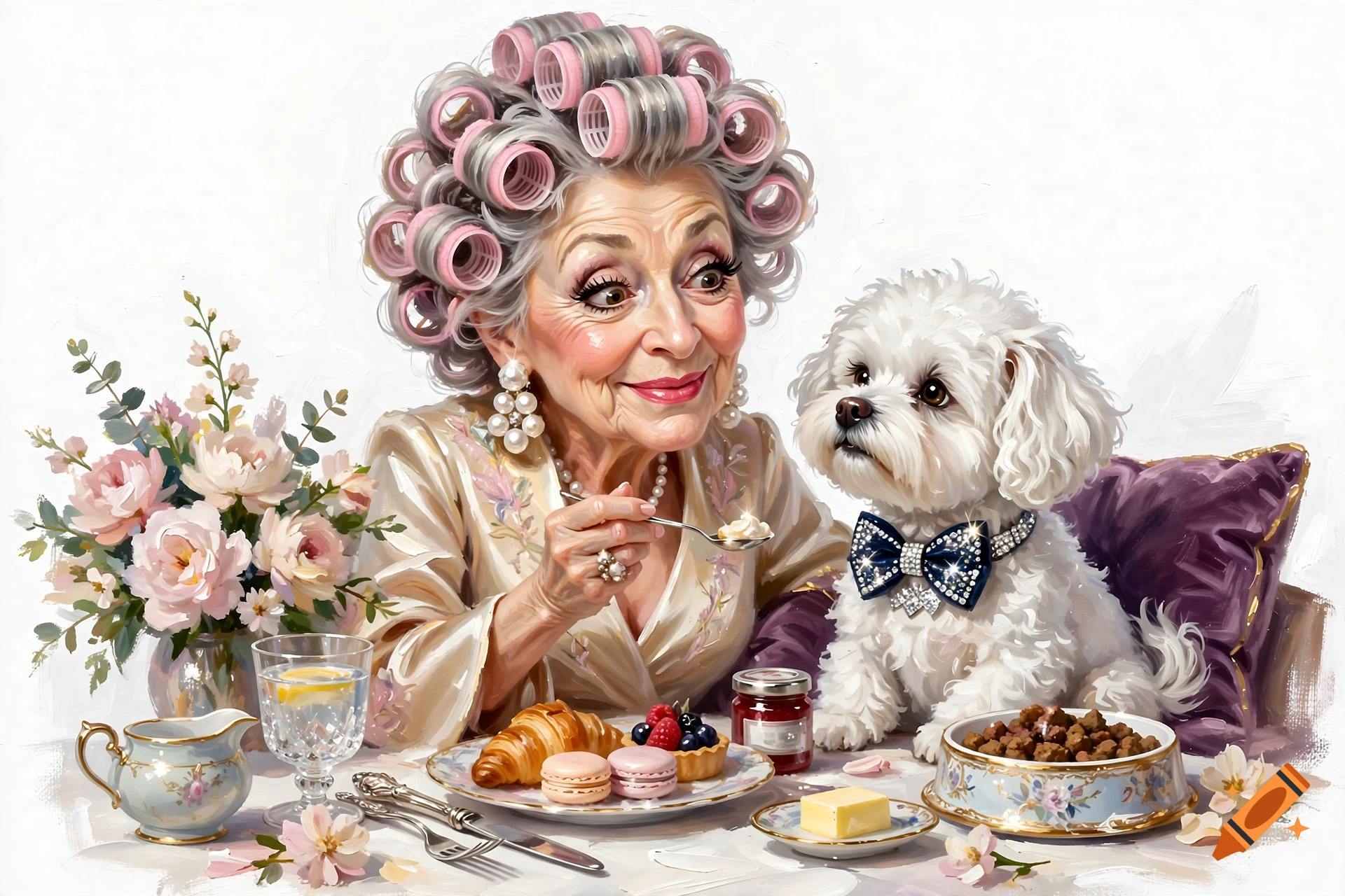 An oil painting of an elderly woman with hair curlers feeding her white lapdog with a bow at a breakfast table.