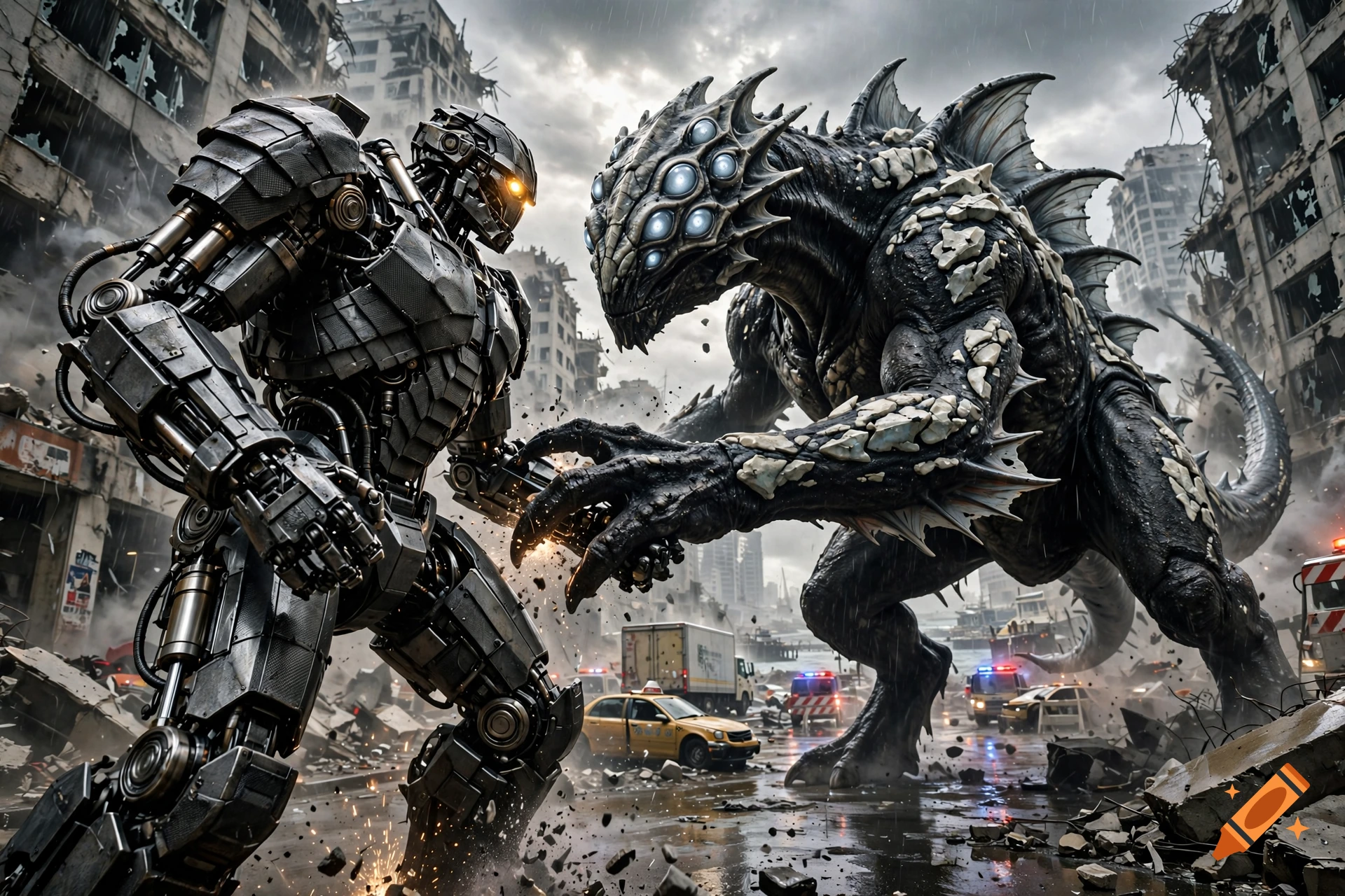 A giant armored robot battling a large multi-eyed monster in a ruined city street, photorealistic style.