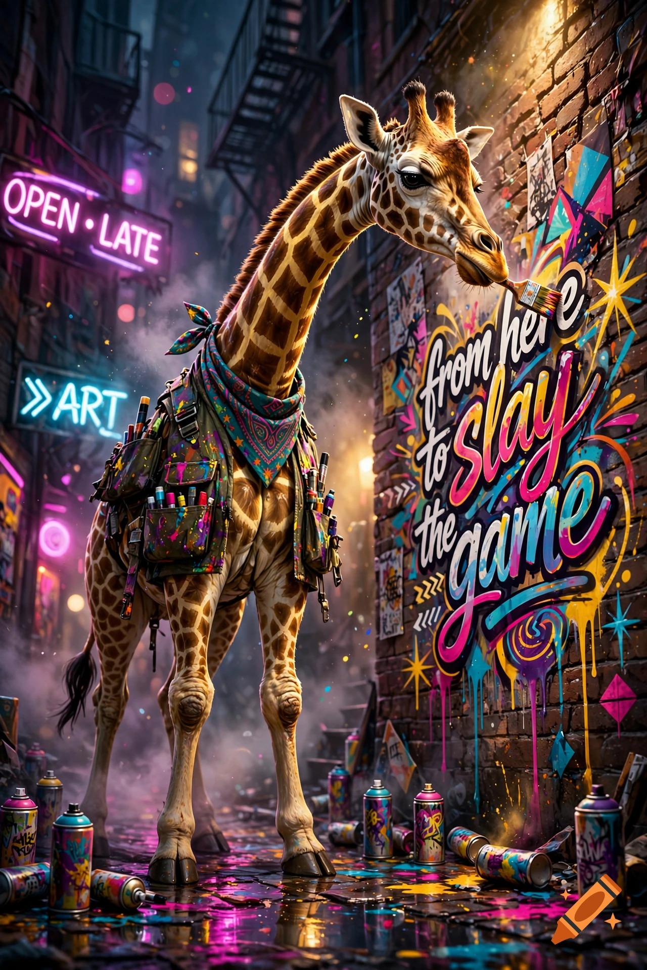 A stylized giraffe wearing a bandana and cargo vest paints graffiti that says 'from here to slay the game' on a brick wall in a neon-lit alley.