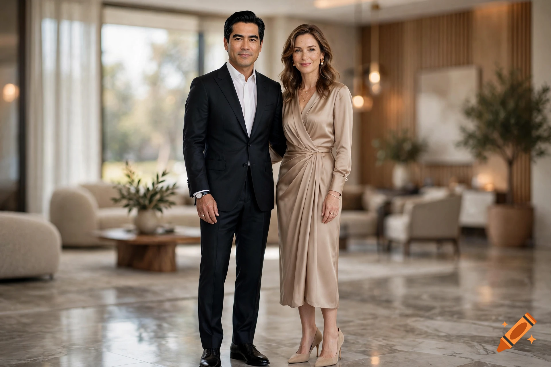Photorealistic full-body portrait of a well-dressed man in a black suit and a woman in a golden silk dress inside a luxurious living room.