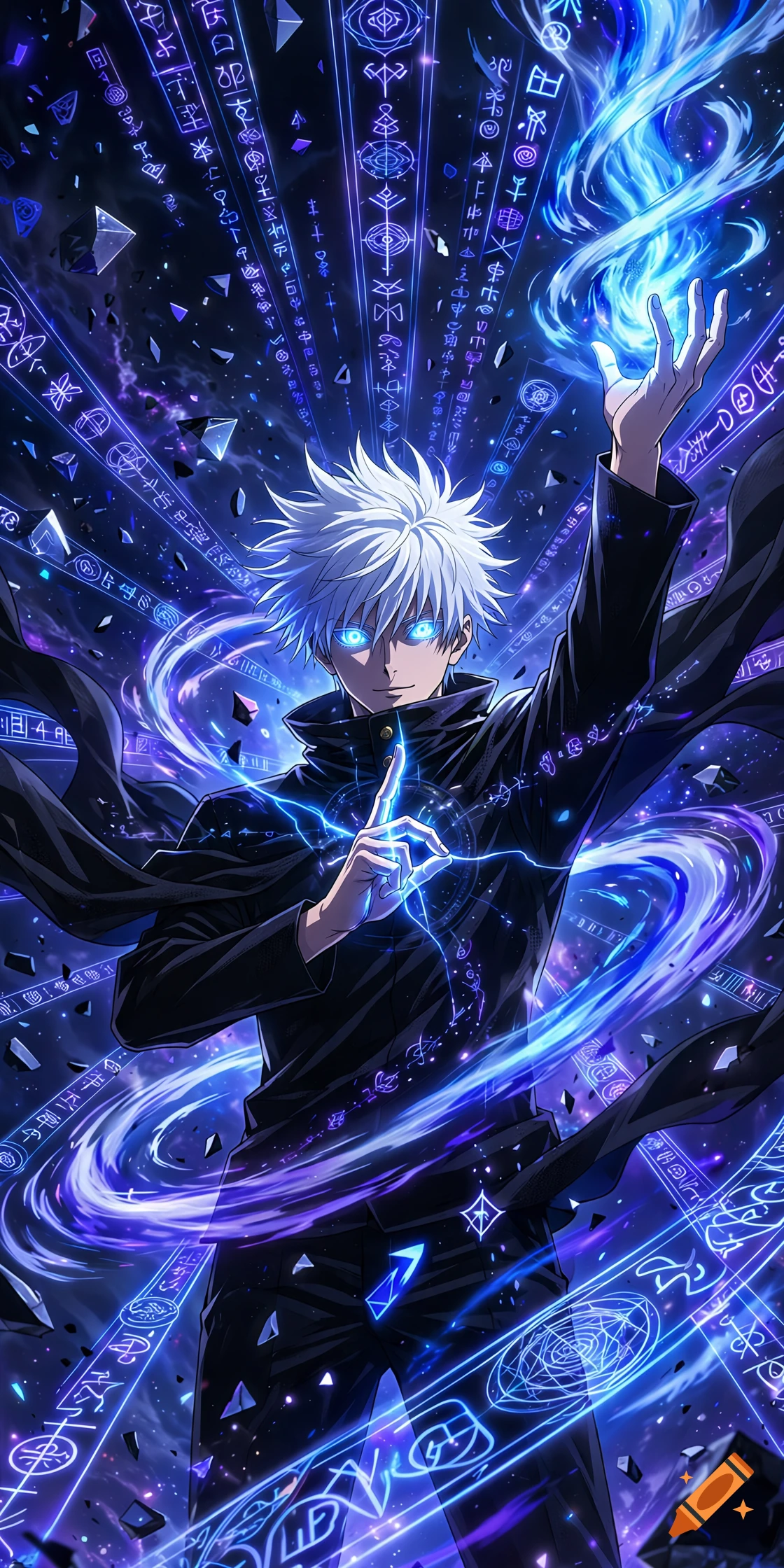 Anime character Gojo Satoru with glowing blue eyes and magic symbols in the background, vertical wallpaper style.