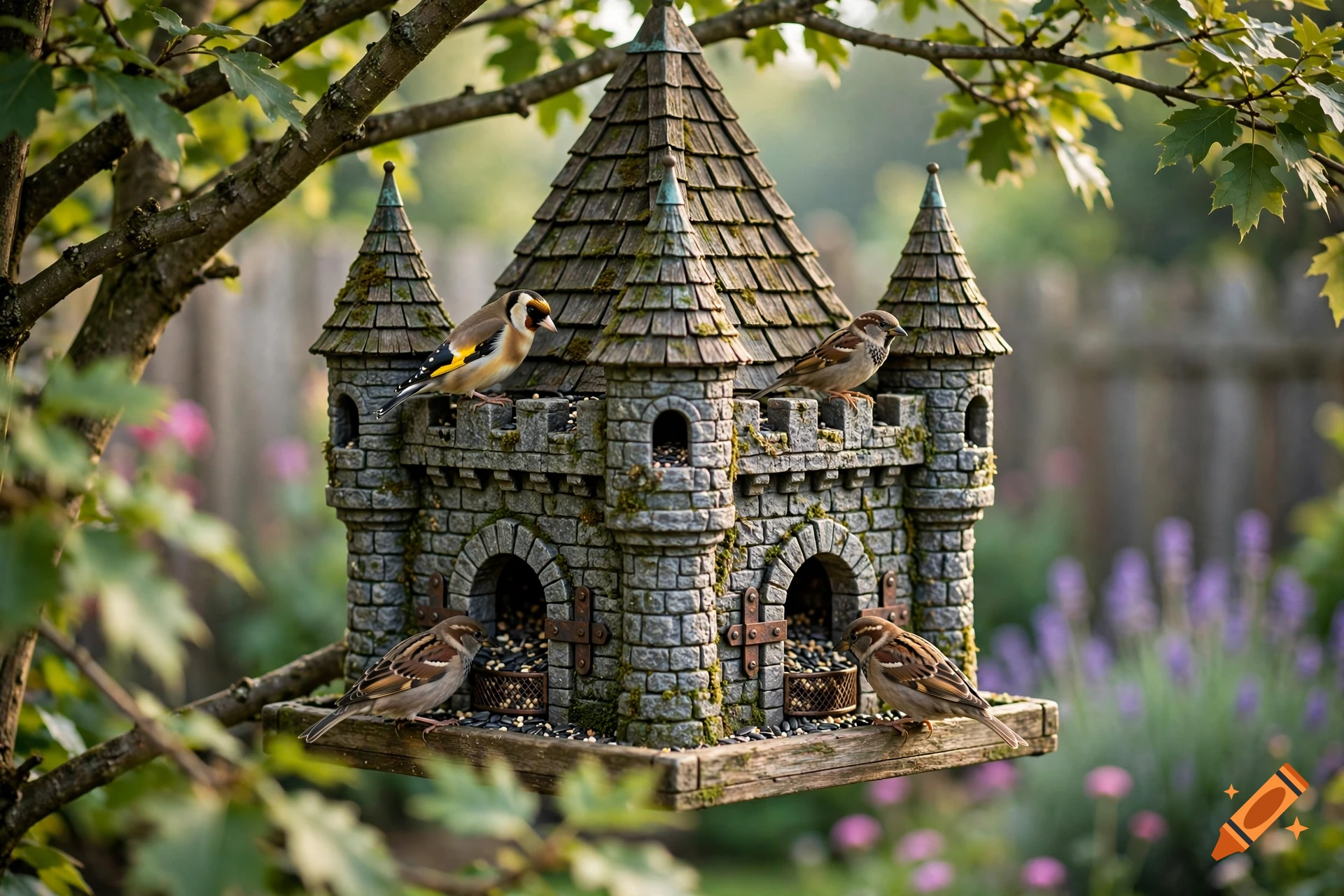 Several small birds perched on and around a large stone castle-shaped birdhouse hanging from a tree branch in a garden.