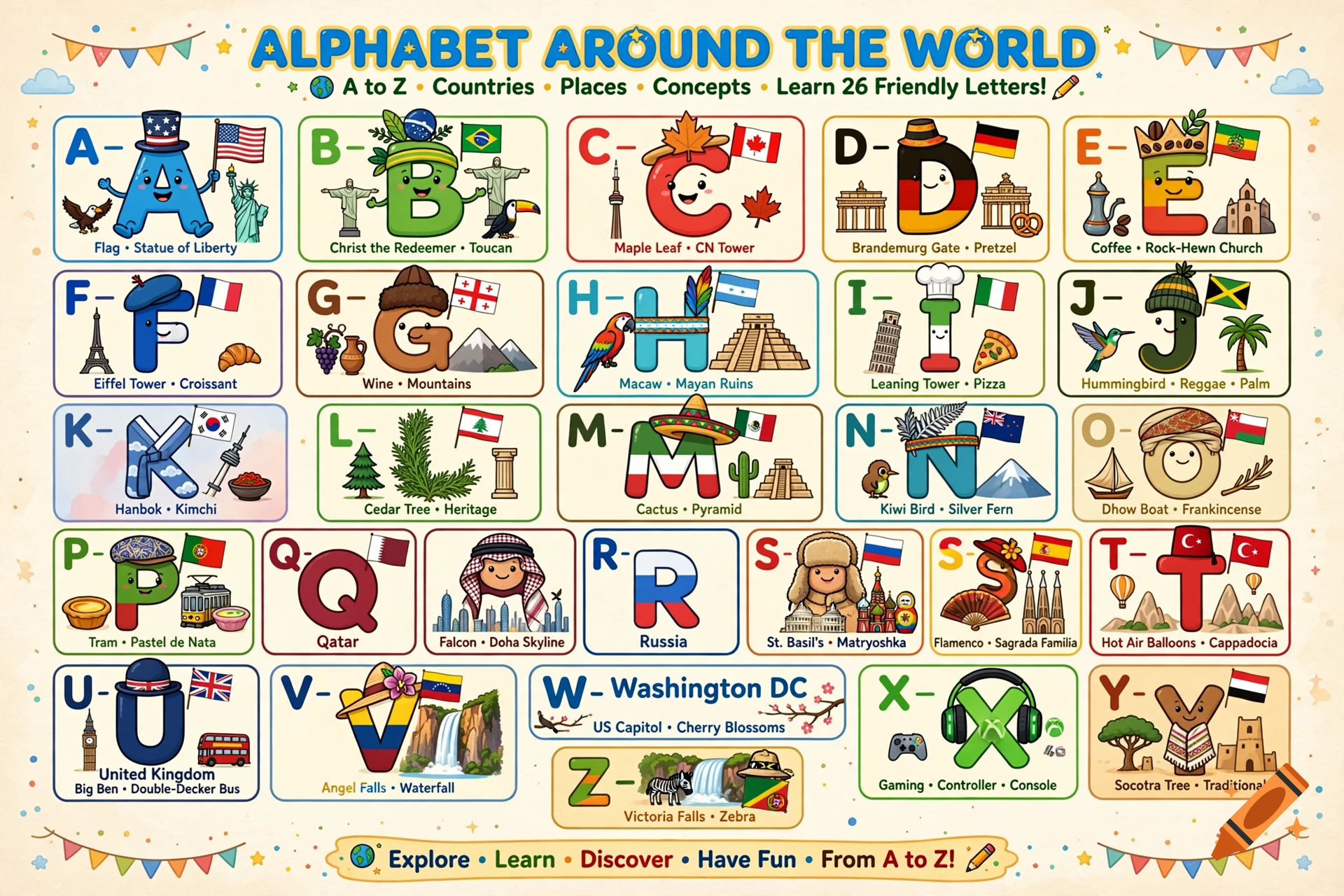 An educational alphabet poster titled Alphabet Around the World featuring cute illustrated letters, flags, and cultural symbols.
