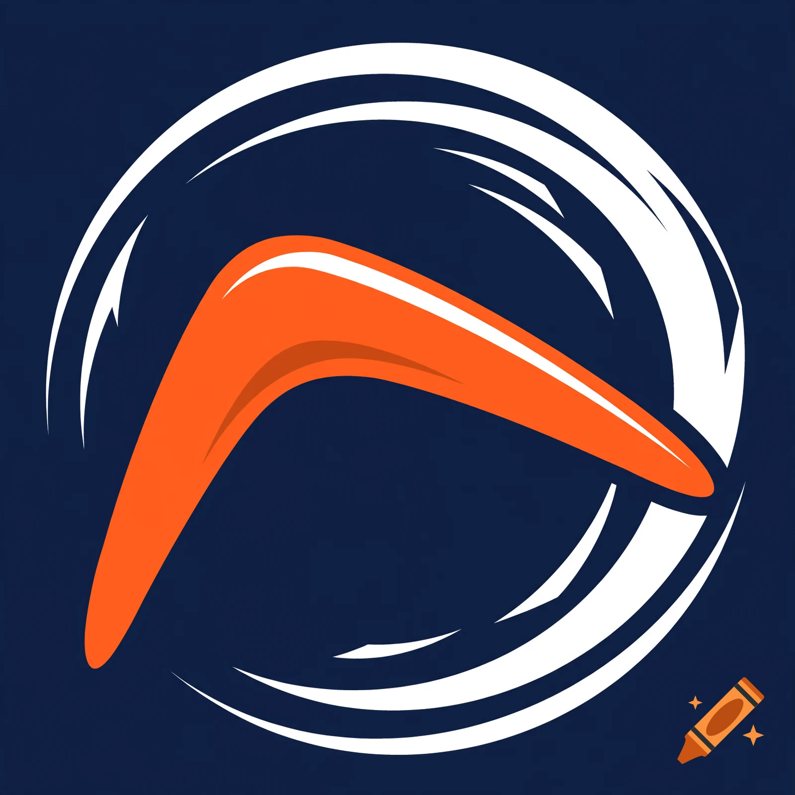Dynamic vector logo of an orange boomerang against a dark blue background with white abstract motion rings.