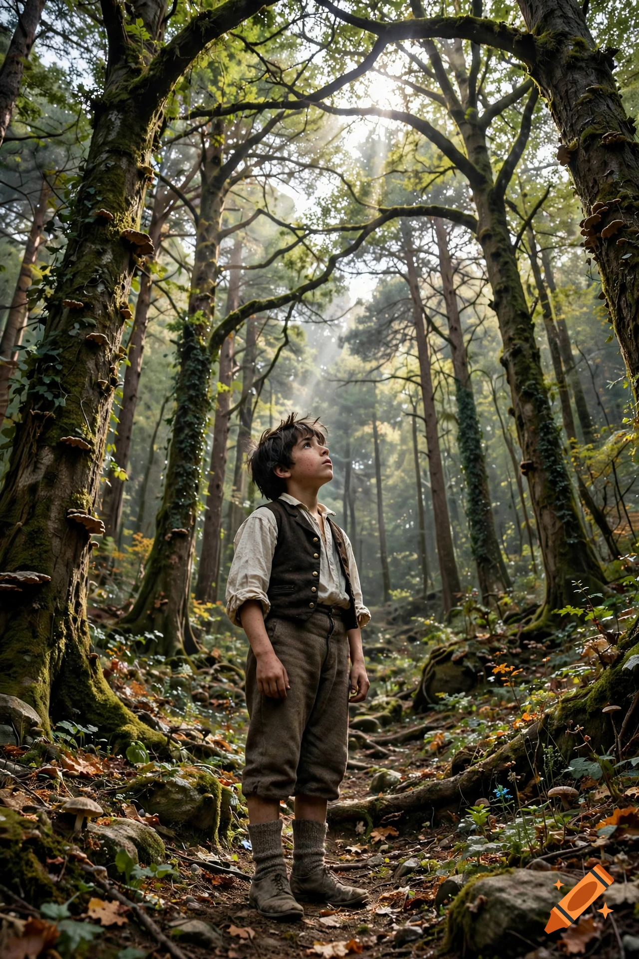 A young boy standing in a lush, mossy forest, looking up at tall trees with sunlight filtering through the canopy. Photorealistic.