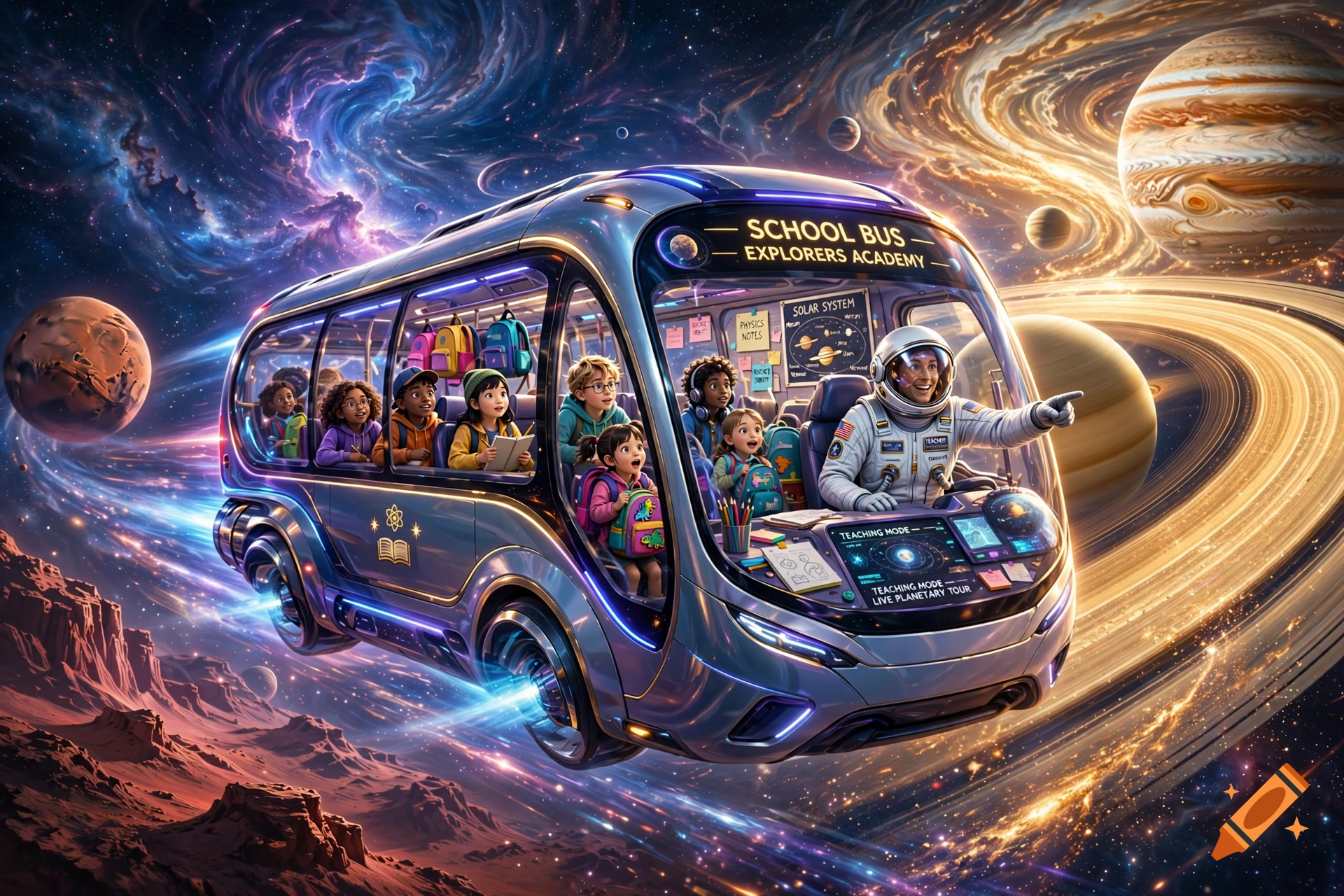 An astronaut drives a futuristic school bus filled with children through outer space past planets and nebulae.