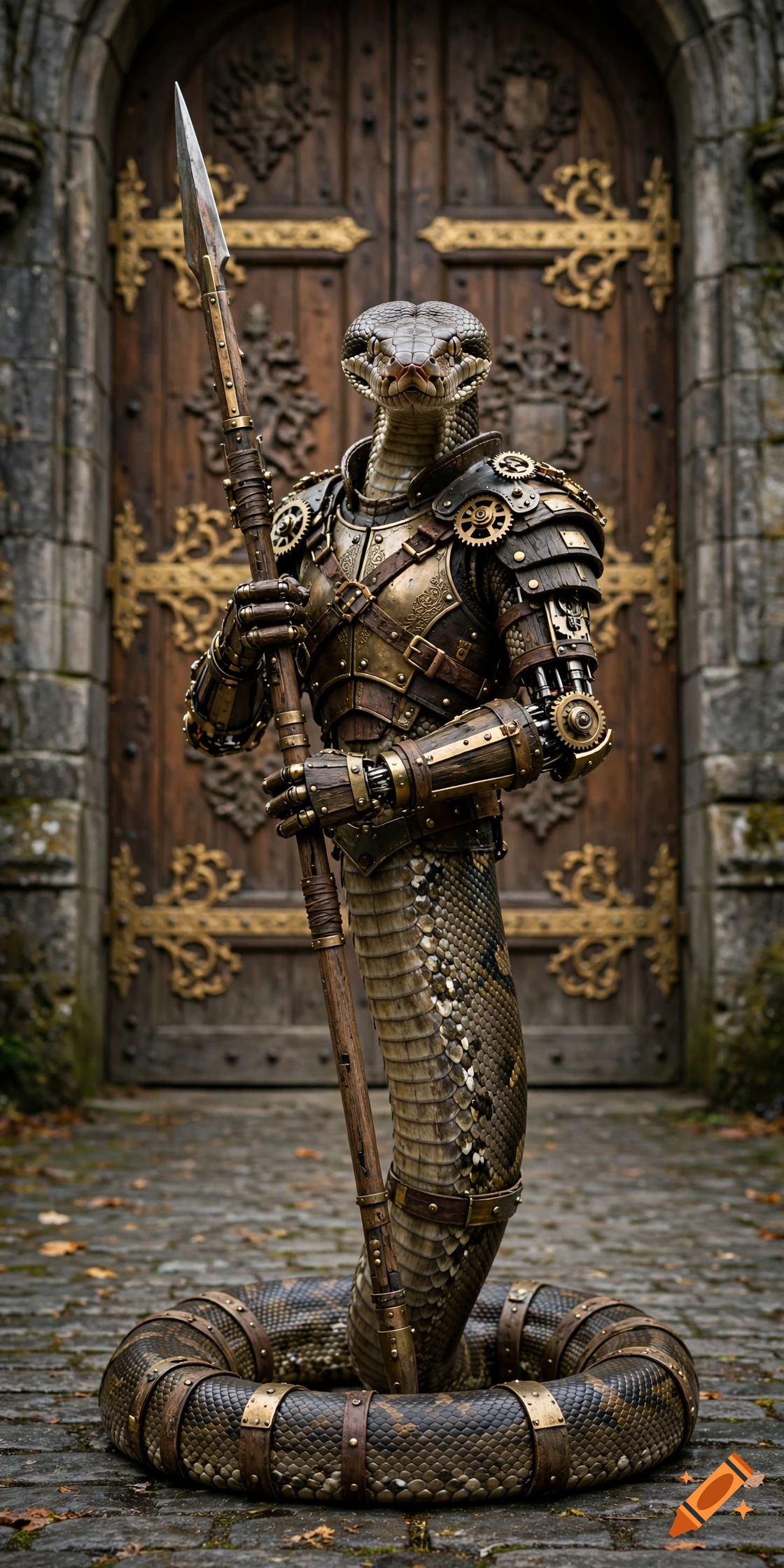 A photorealistic steampunk serpent warrior in brass and wooden armor holding a spear before a castle door.