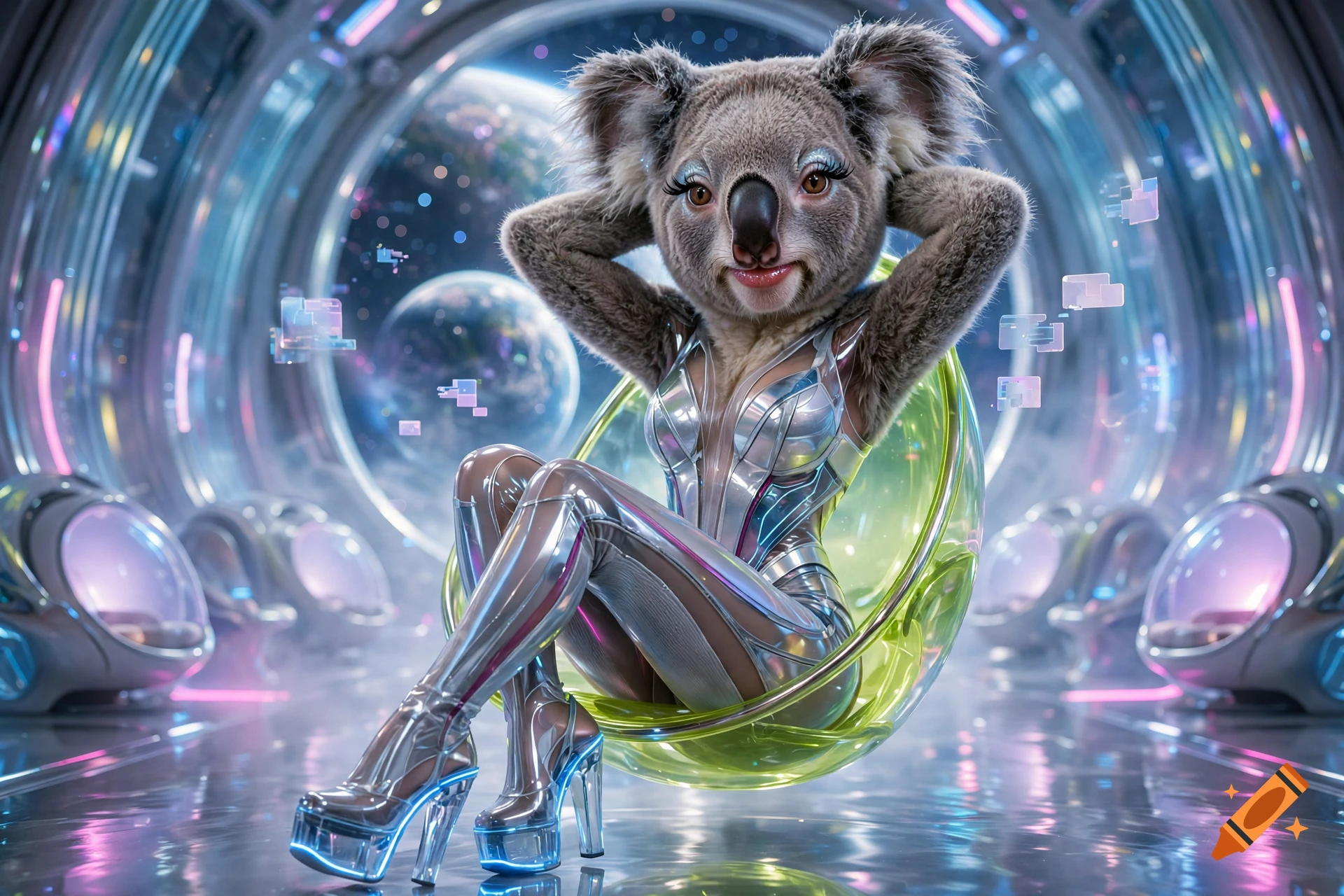 A humanoid koala with human-like body and giant eyelashes wearing a silver futuristic suit and platform heels, sitting in a glowing pod chair inside a spaceship corridor.