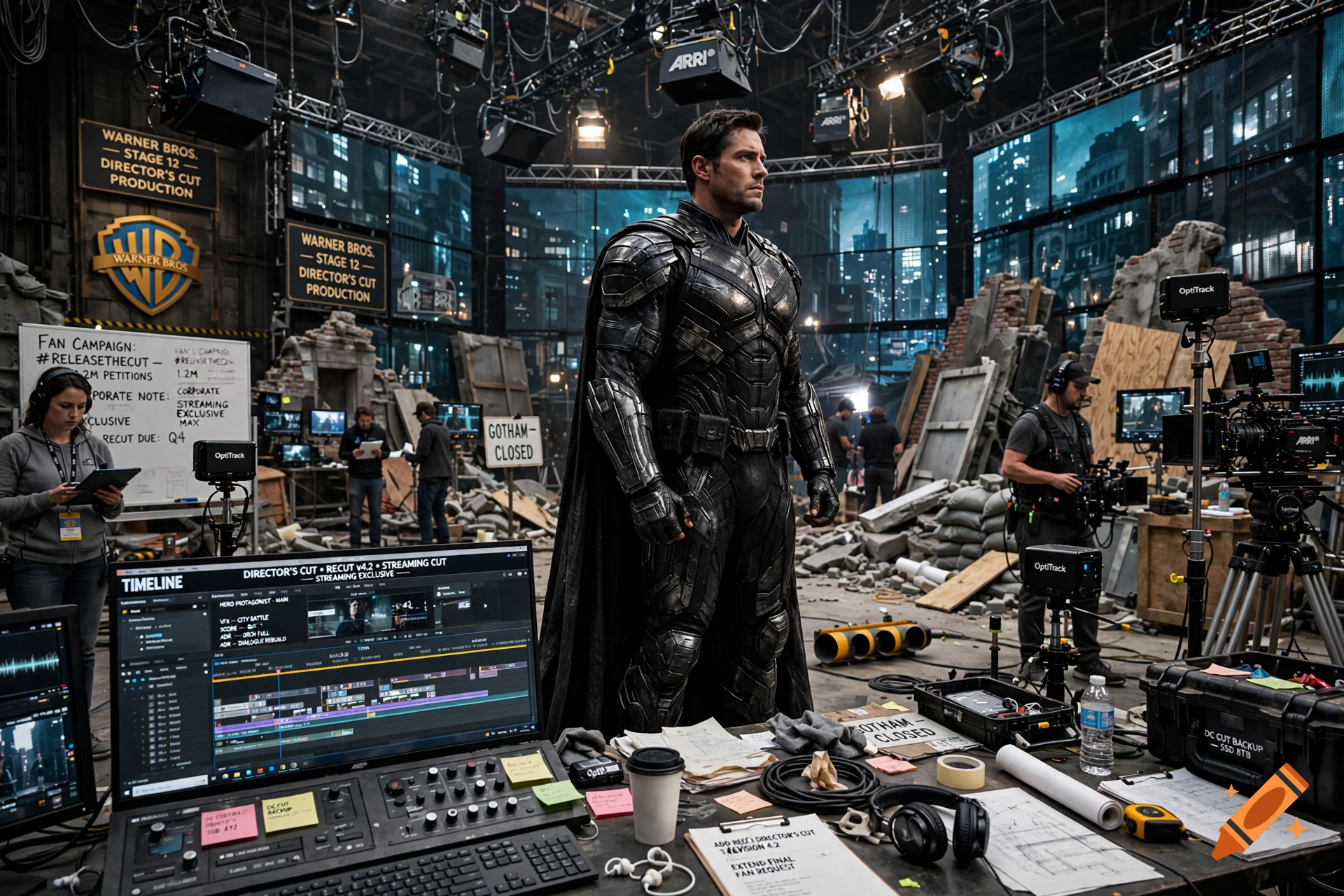 Behind-the-scenes film set of a superhero movie featuring a muscular actor in detailed tactical armor, crew members, and editing equipment.