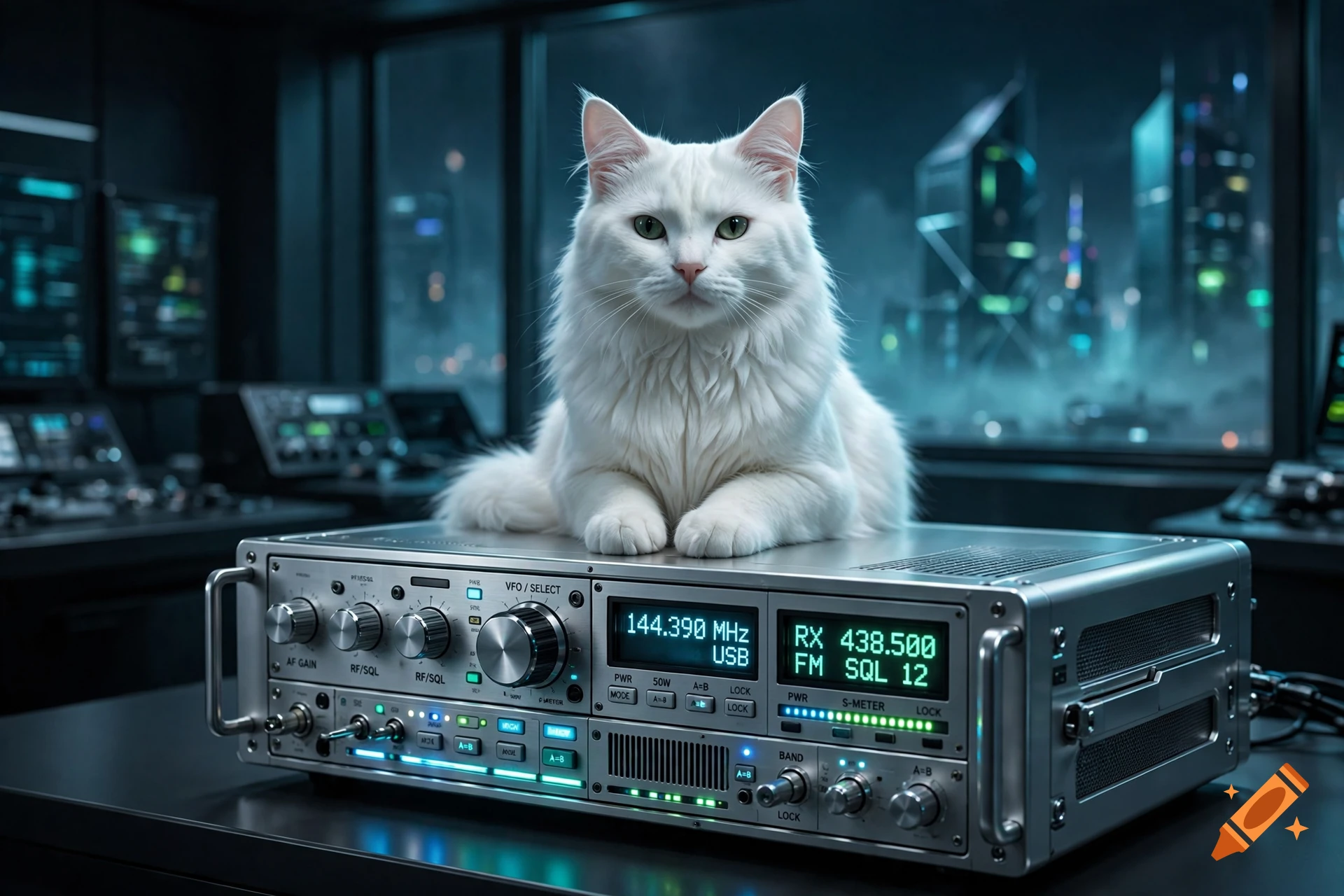 An elegant white cat resting on a high-tech amateurfunk radio device in a futuristic control room overlooking a city at night, photorealistic.