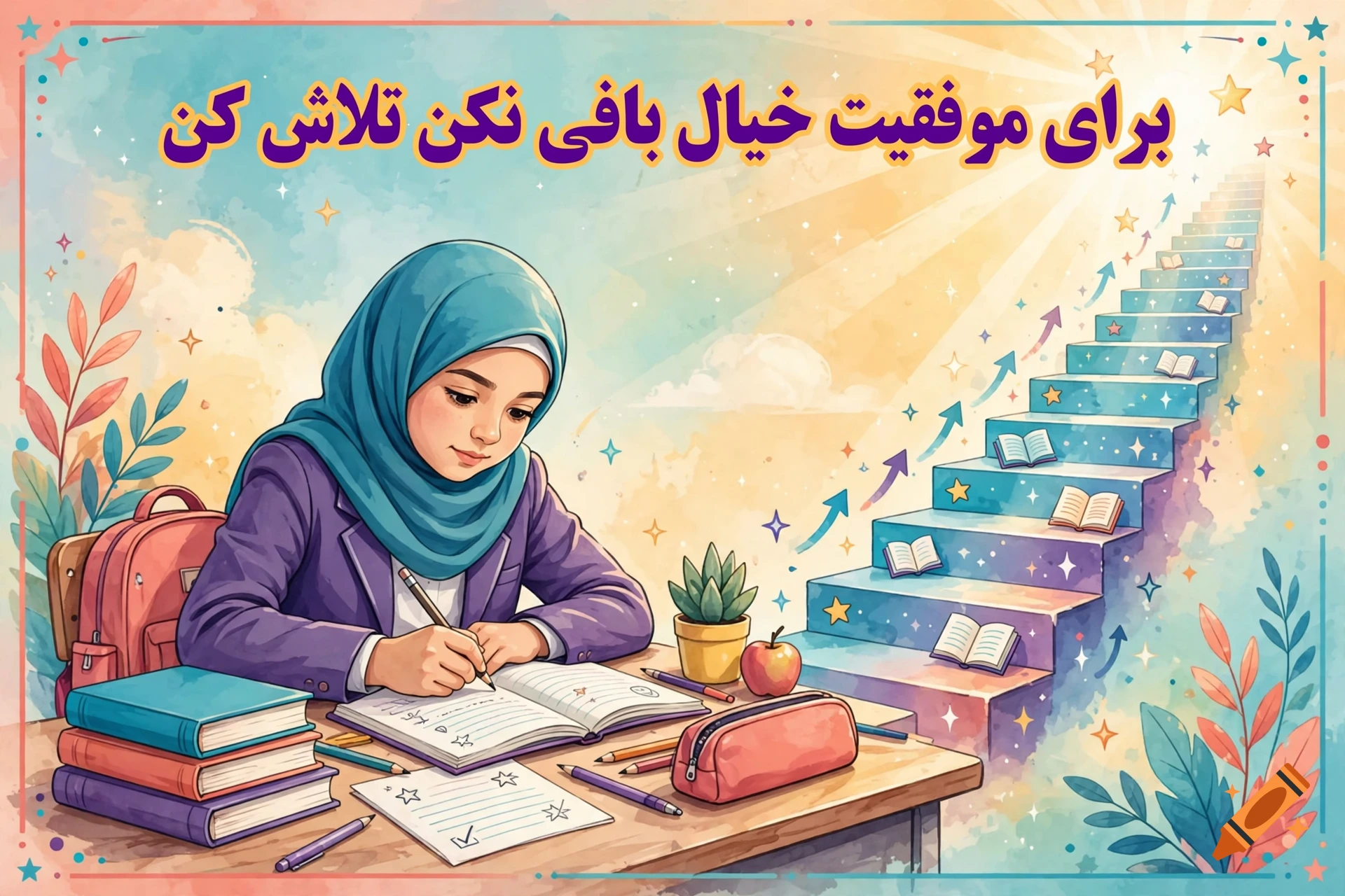 Watercolor illustration of a schoolgirl in a hijab studying at a desk with a staircase of books and Persian text at the top.