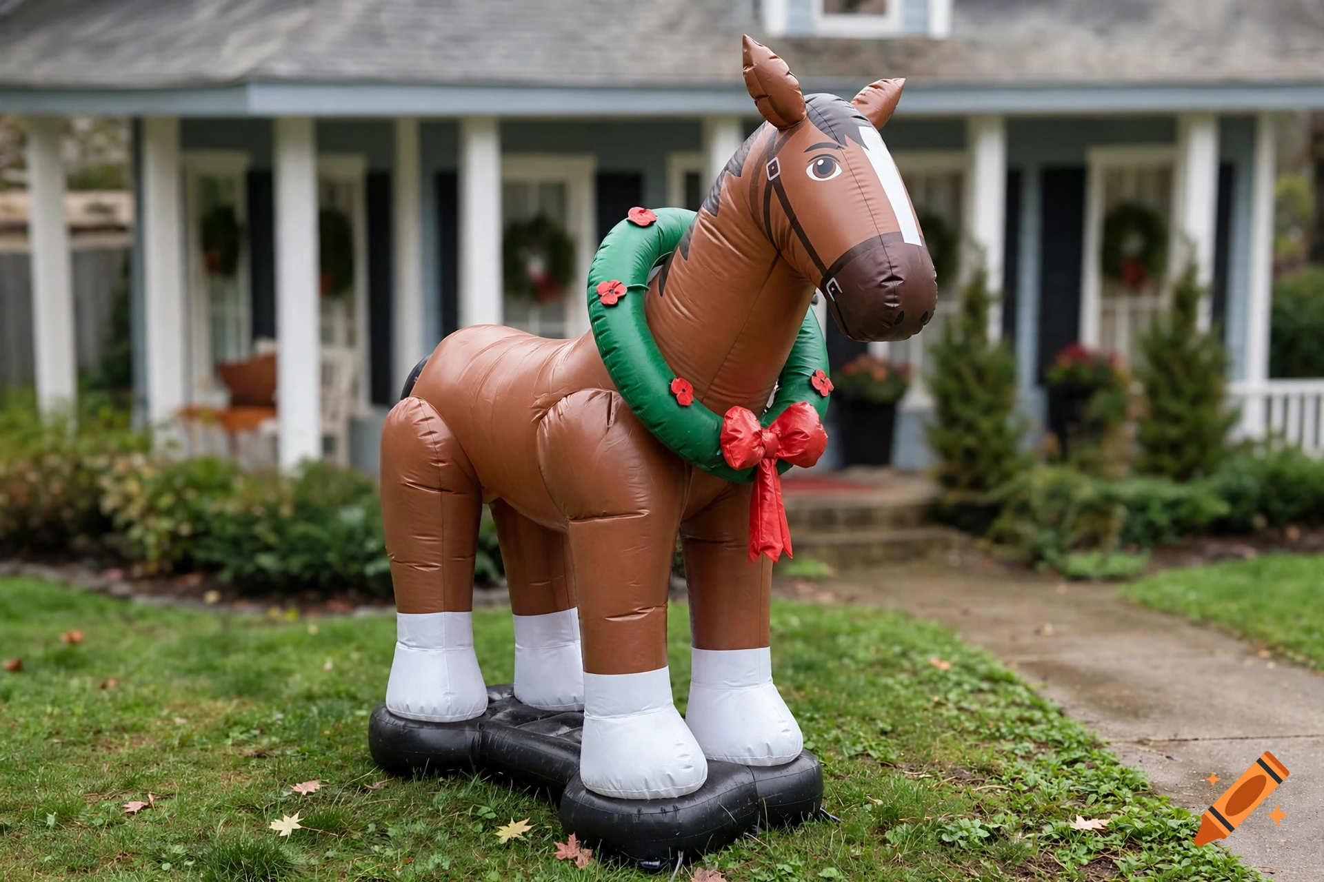 Photorealistic image of a brown horse lawn inflatable wearing a green Christmas wreath on a front lawn.