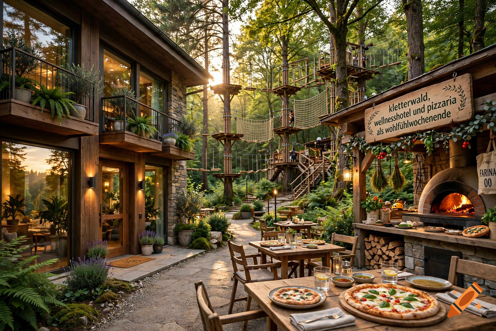 An outdoor dining area next to a wooden building and a brick pizza oven in a forest, with rope bridges visible in the trees.