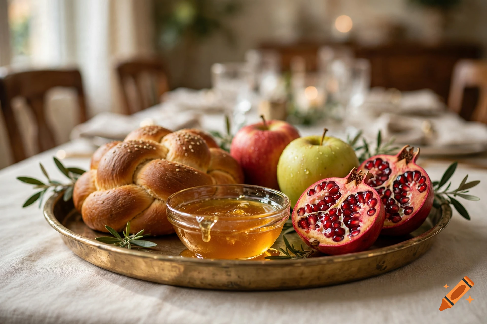 A brass tray on a dining table holds braided challah bread, apples, pomegranates, and a small glass bowl of honey.