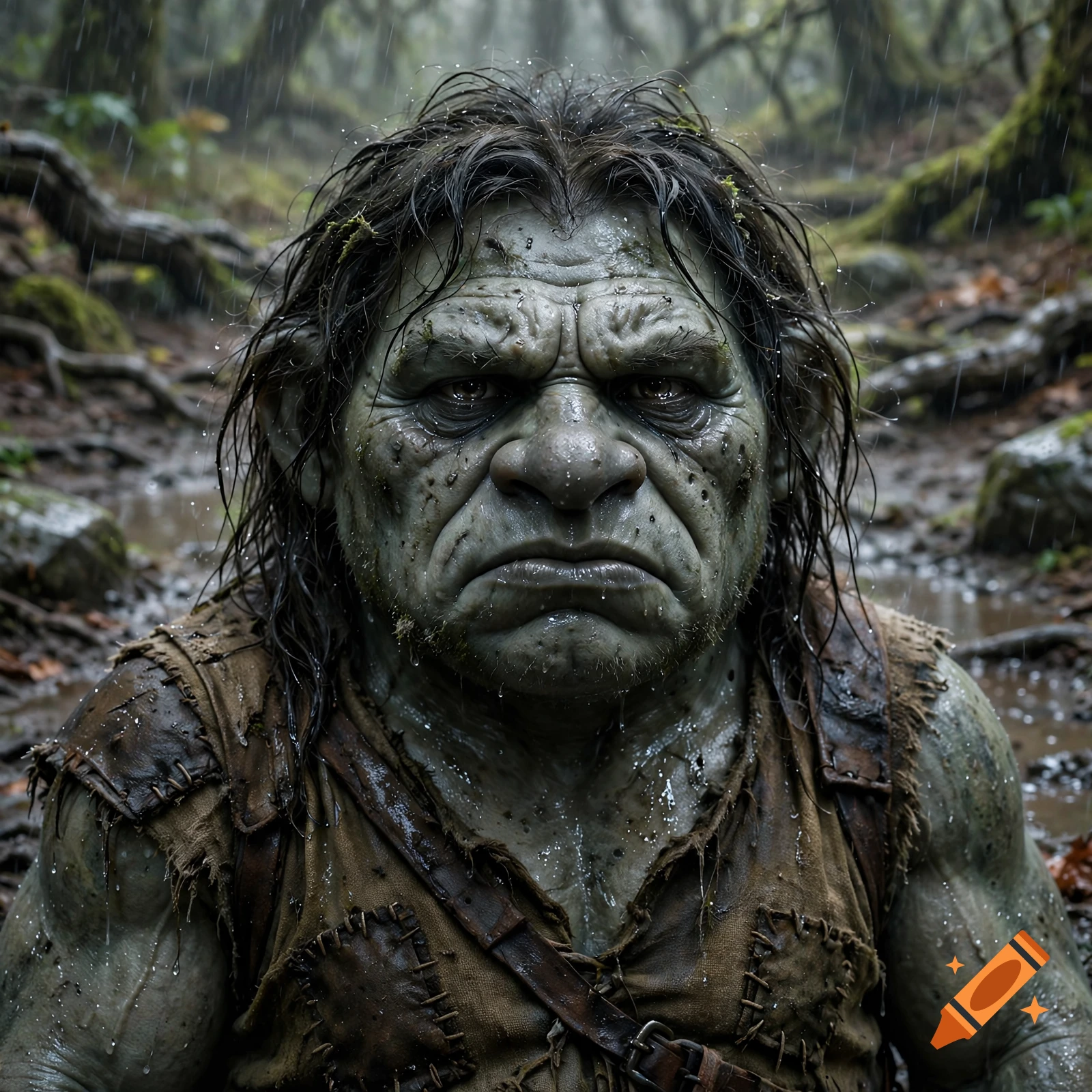 Close-up photorealistic portrait of a moody, wet troll in a rainy forest.