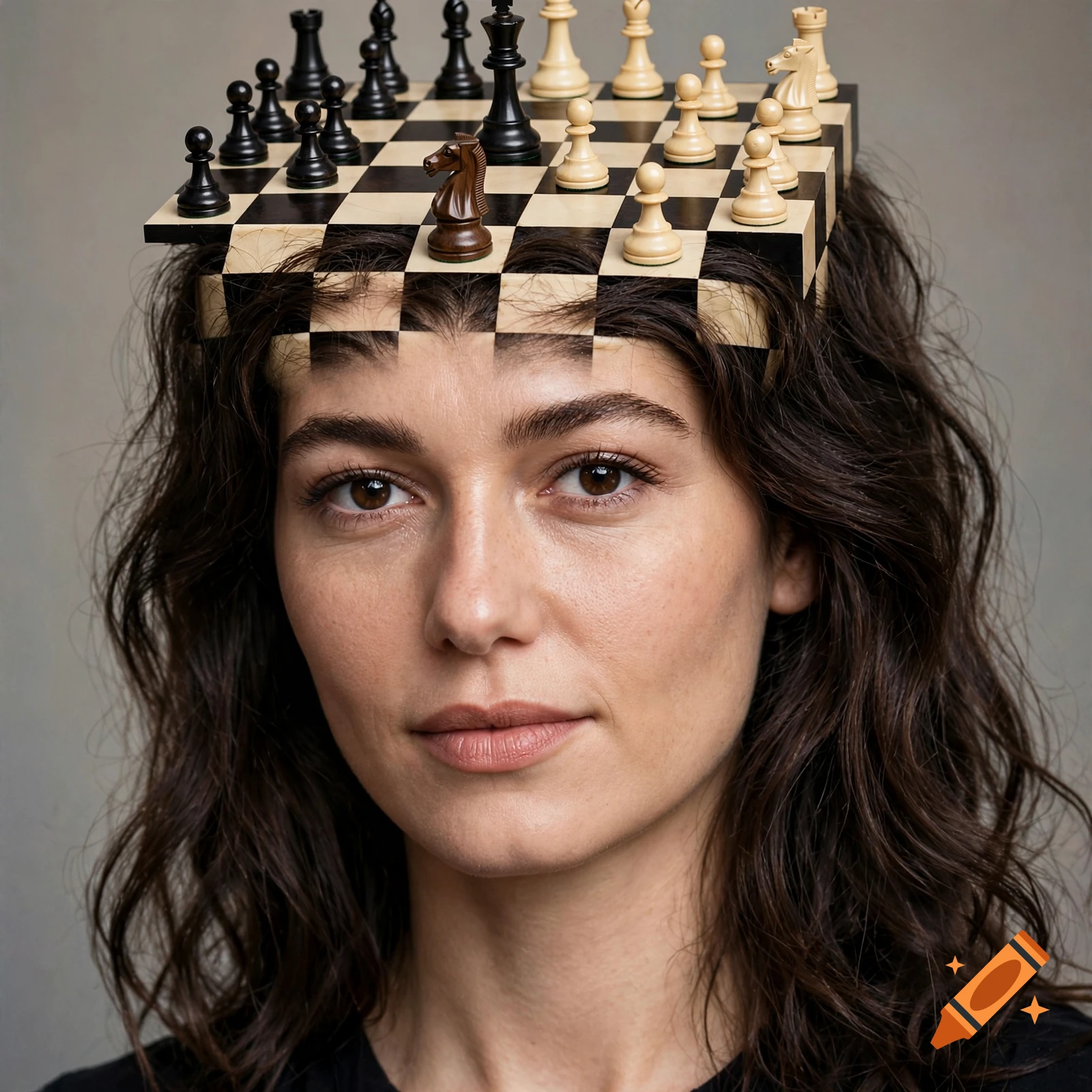 Surreal photorealistic portrait of a brunette woman whose head seamlessly transforms into a chessboard with chess pieces.