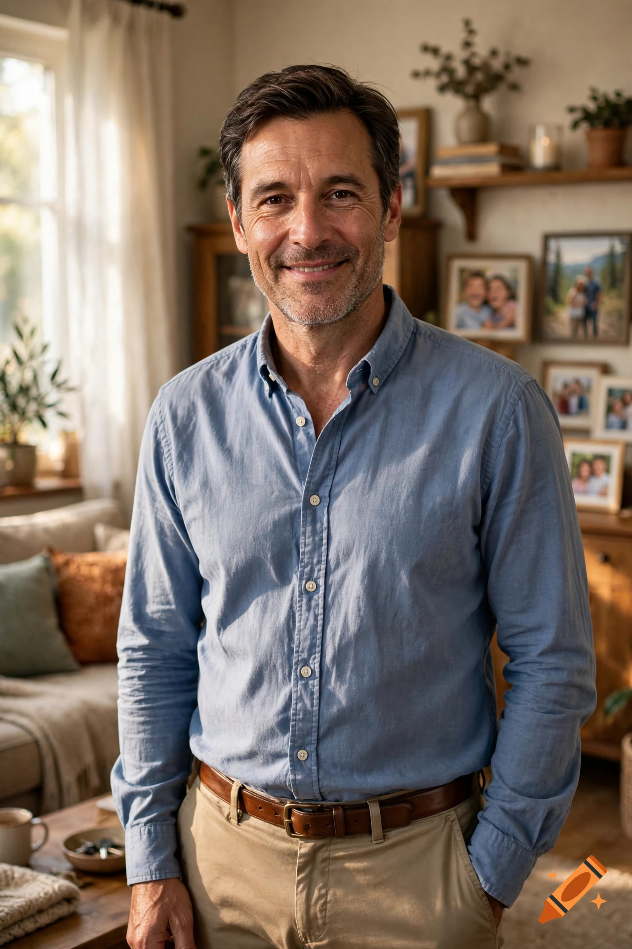 Photorealistic portrait of a smiling middle-aged man standing in a cozy living room.