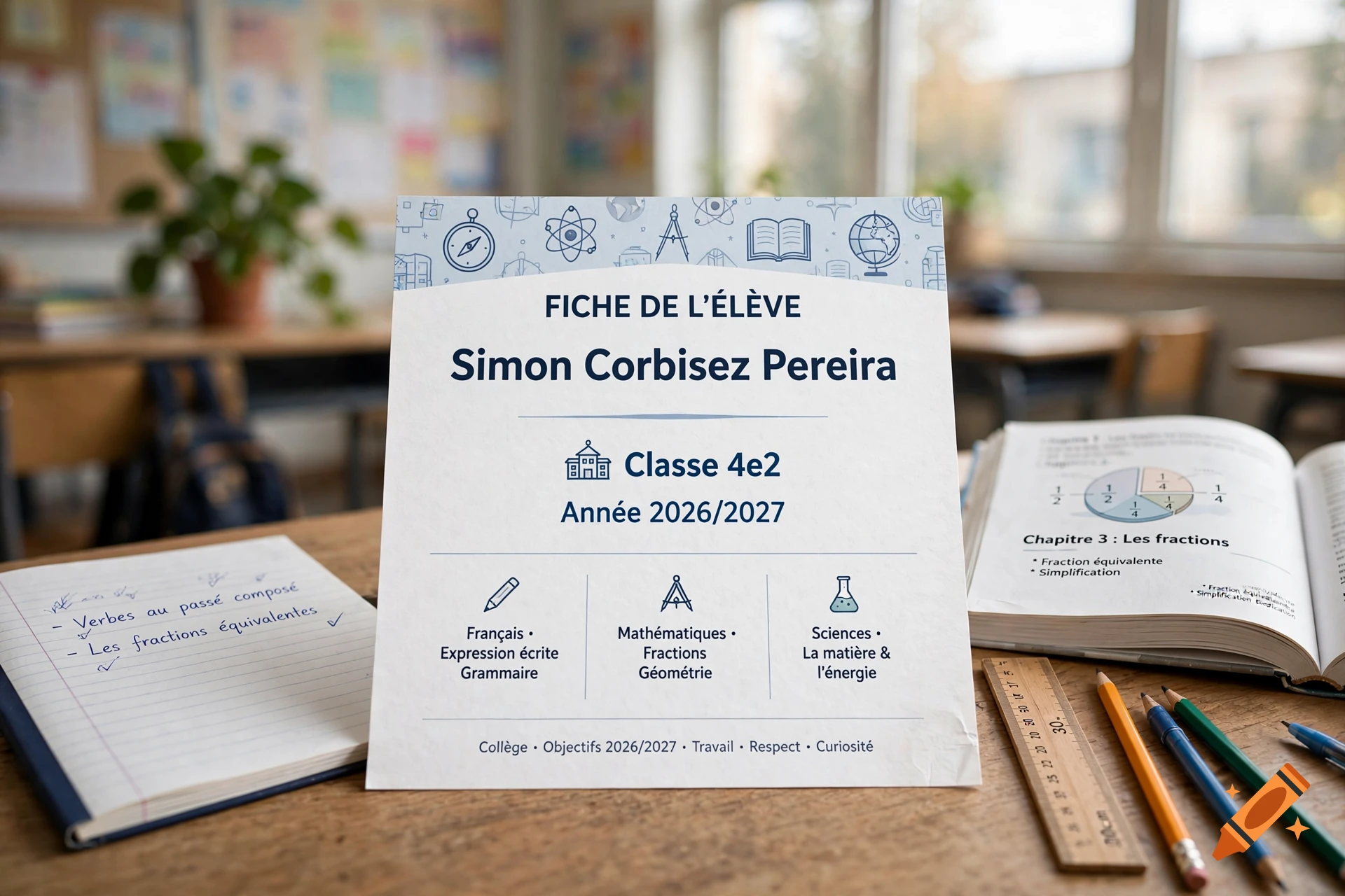 A student information card on a wooden school desk with notebooks, pencils, and a ruler, in a classroom setting.