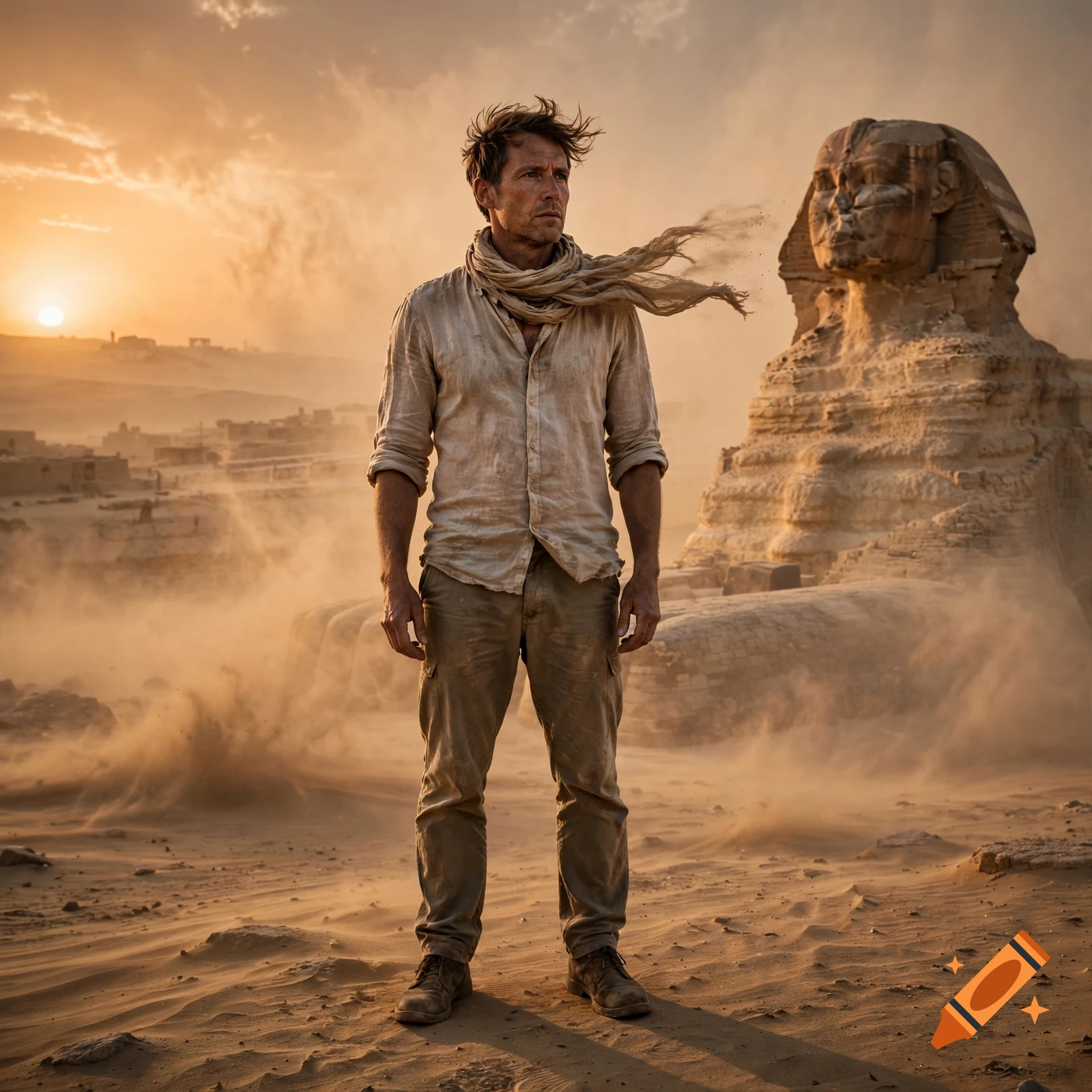 Photorealistic image of a 40-year-old man standing near the Great Sphinx of Giza during a sunset sandstorm.
