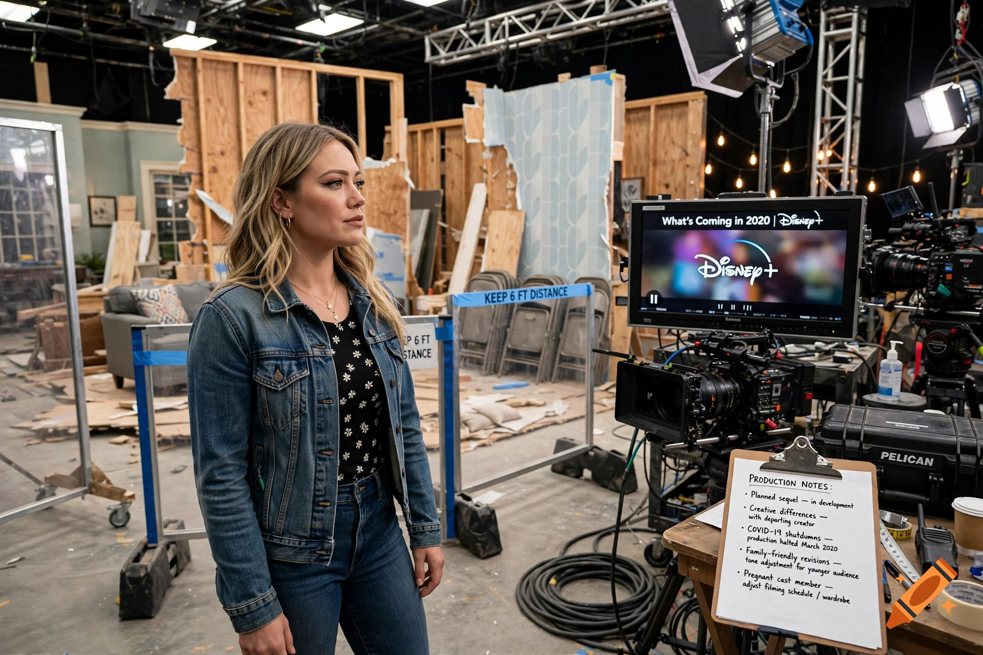 Hilary Duff standing on a television production set with a camera and monitor visible.