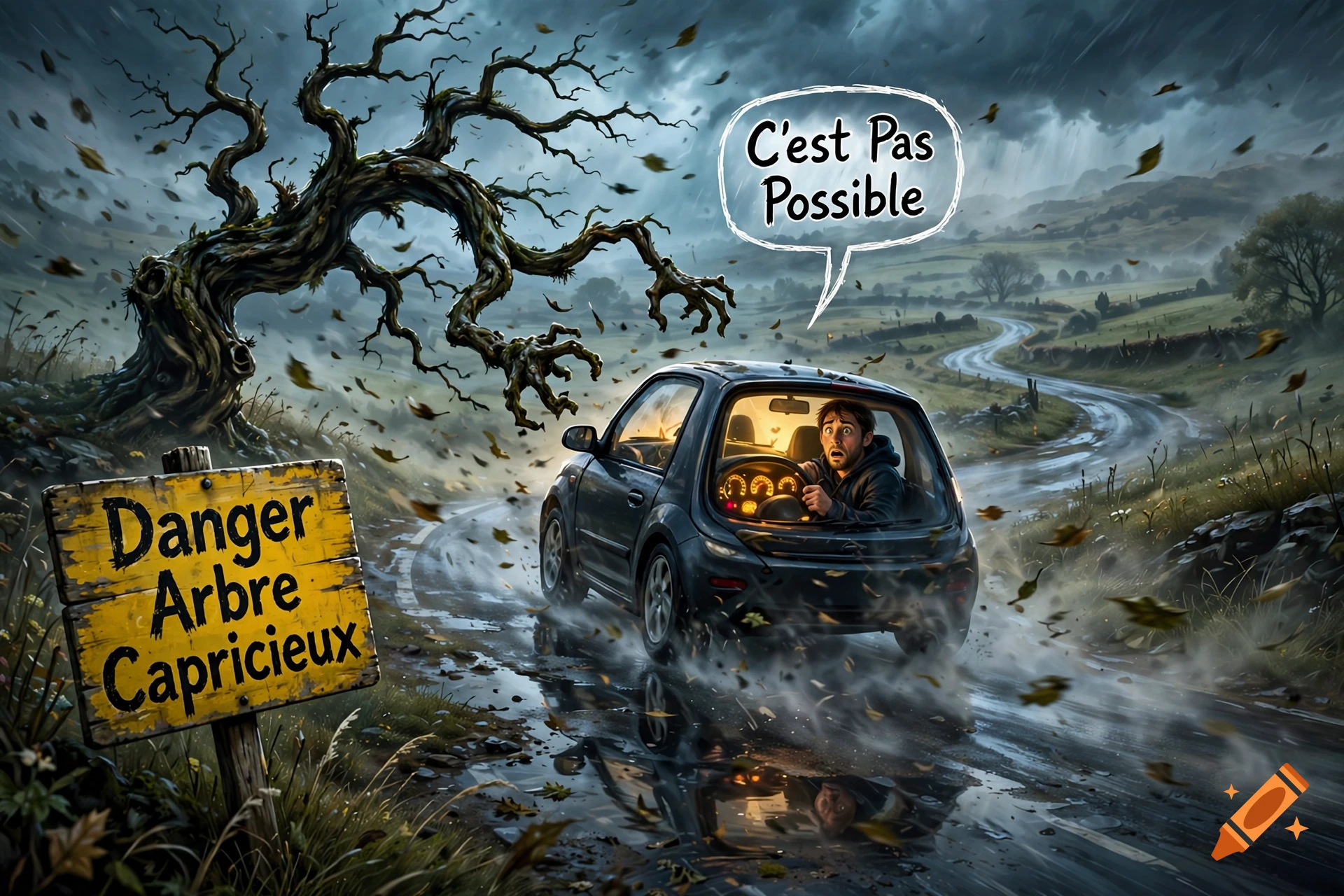 A terrified driver in a small car on a rainy road, being chased by a sentient tree with claw-like branches.