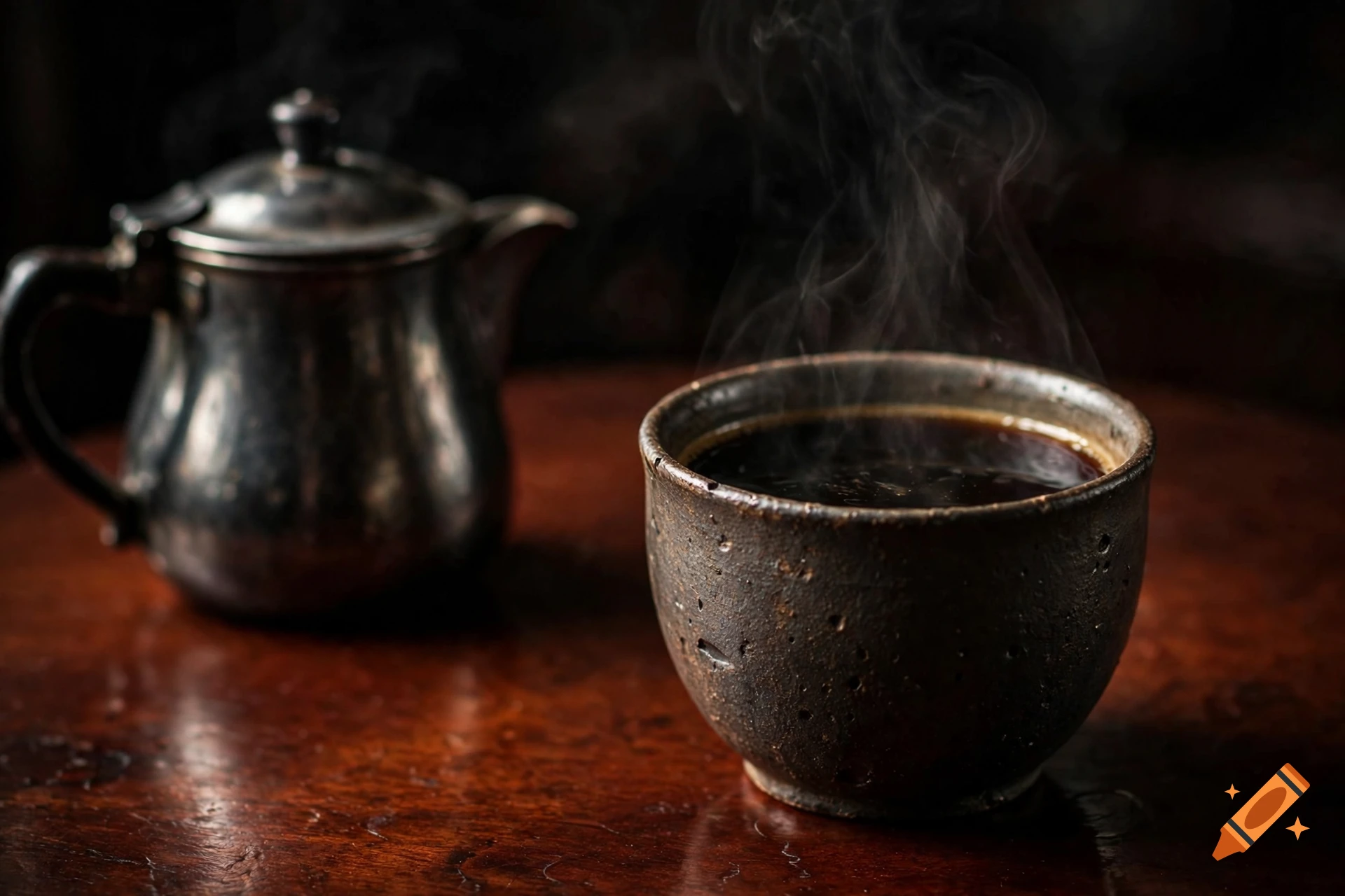 Photorealistic hot black coffee in a textured ceramic cup next to a metal teapot on a dark mahogany table.