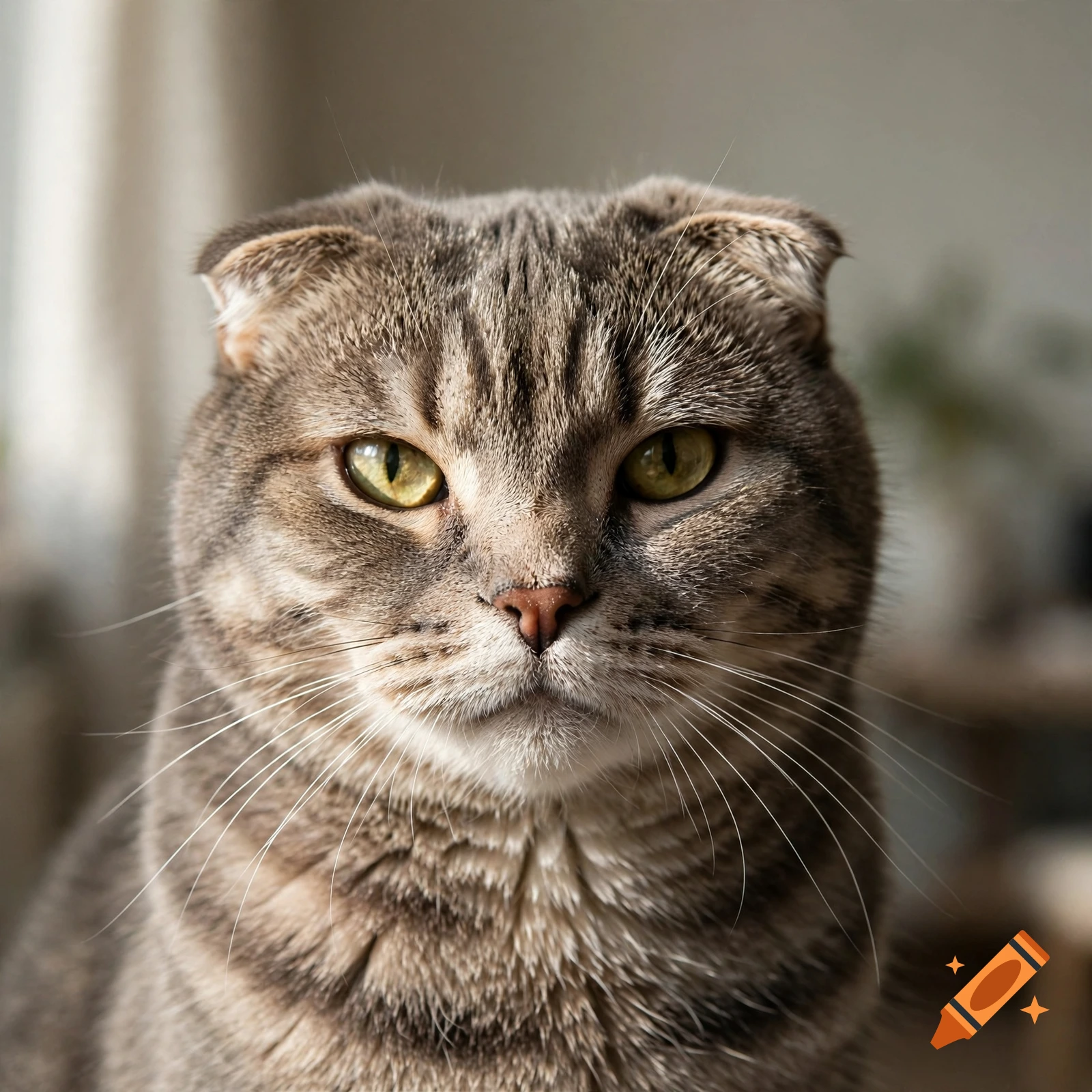 Close-up photorealistic portrait of a Scottish Fold cat with striped grey fur and yellow-green eyes looking forward.
