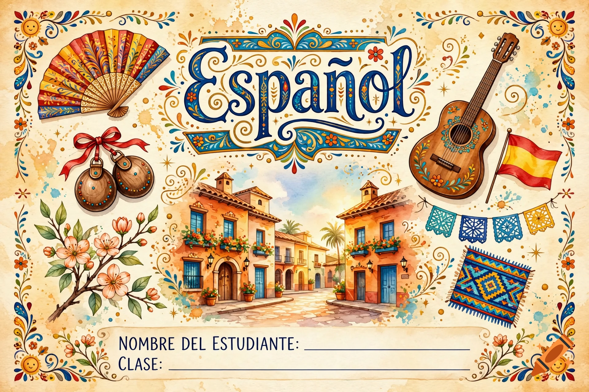 Watercolor illustration notebook cover for Spanish class featuring traditional Spanish cultural items and townscape.