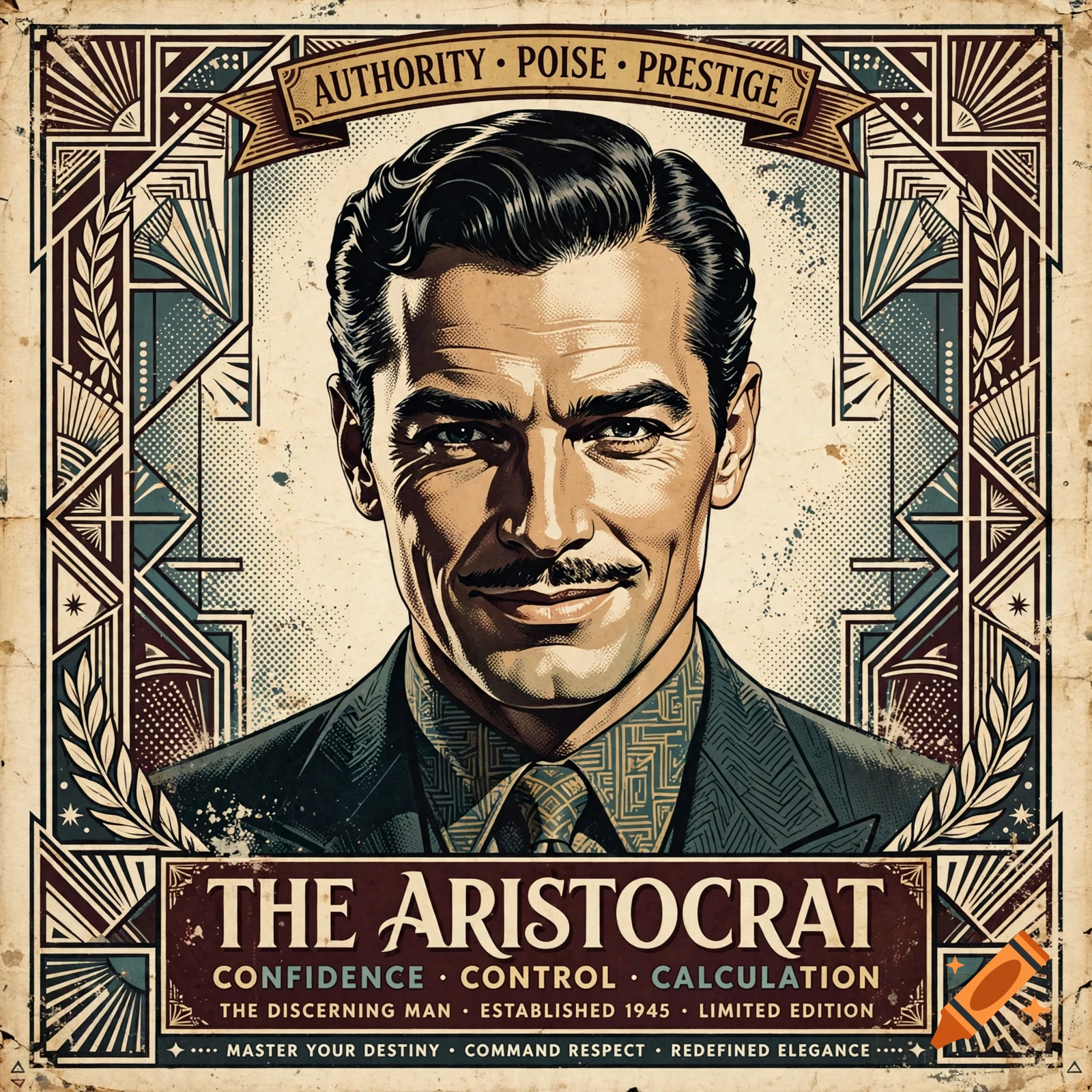Vintage 1940s Art Deco style advertising poster featuring a sophisticated, handsome man with a mustache, titled The Aristocrat.