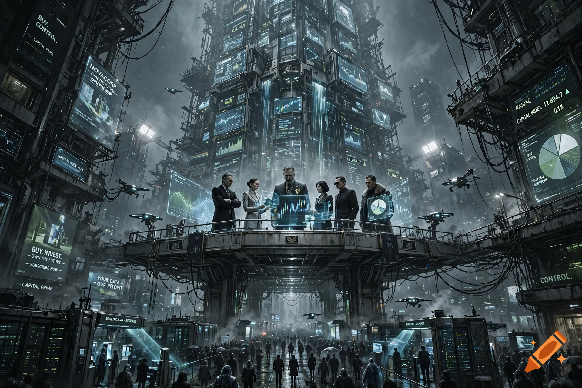 Digital painting of a dystopian cyberpunk city with a massive tower, capitalist elites on a balcony, and crowds below.