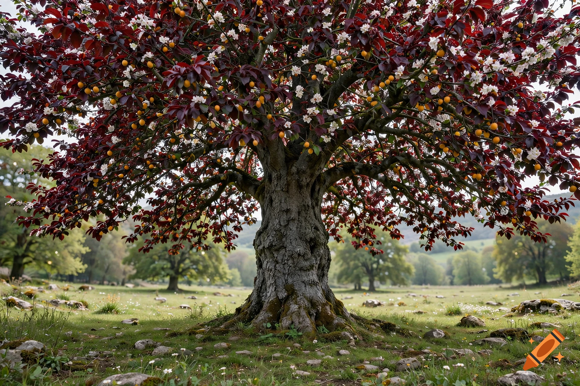 Photorealistic image of a large tree with burgundy leaves and small yellow-orange fruits in a green meadow.