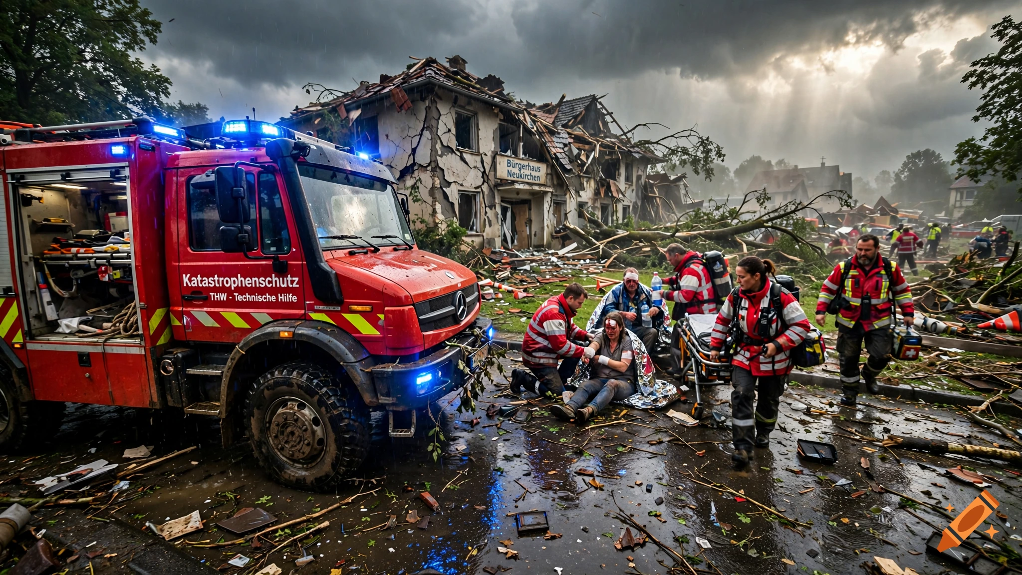 Photorealistic emergency response scene with a red disaster relief vehicle, injured people, and rescue workers after a severe storm.