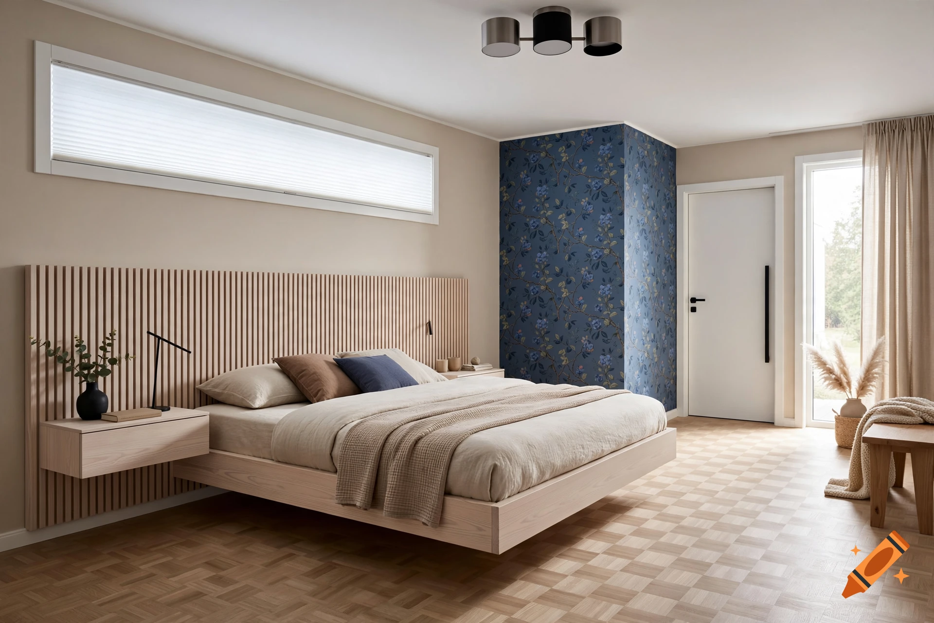 Photorealistic interior design of a modern Scandinavian master bedroom featuring a floating wooden bed and blue floral wallpaper.