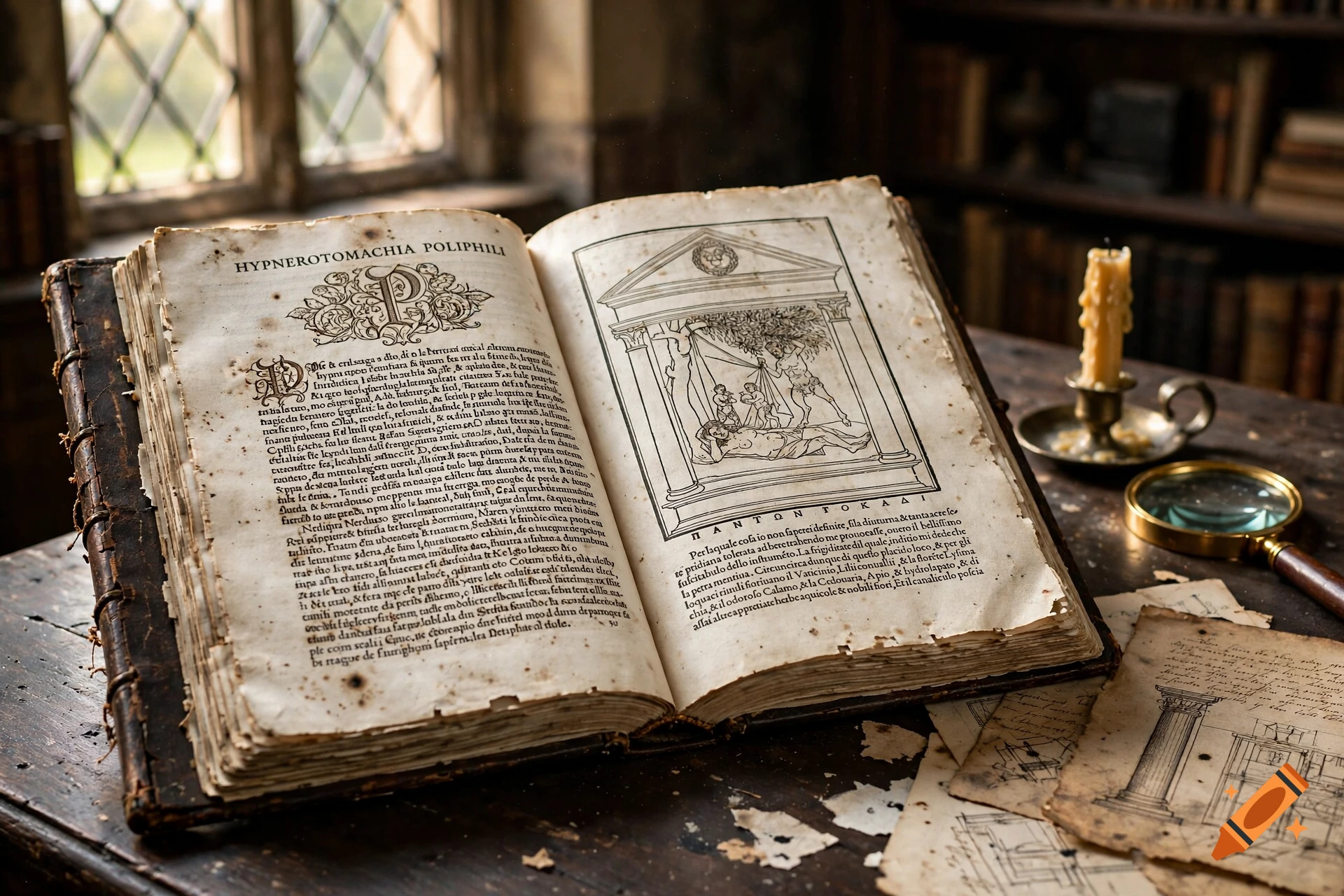 Open antique book titled Hypnerotomachia Poliphili on a wooden table with architectural sketches and a candle.