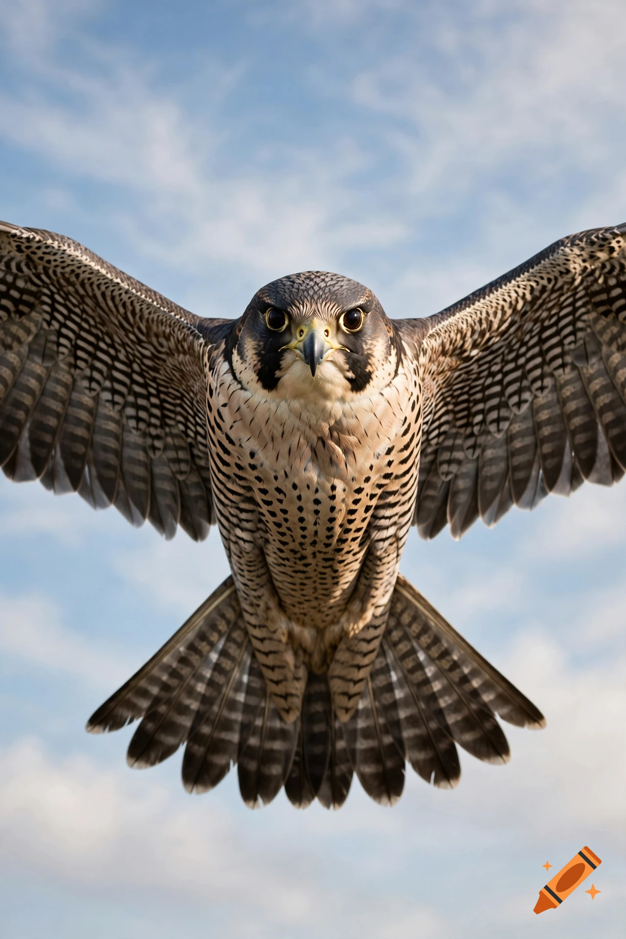 Photorealistic front view of a peregrine falcon in flight with wings spread against a cloudy sky.