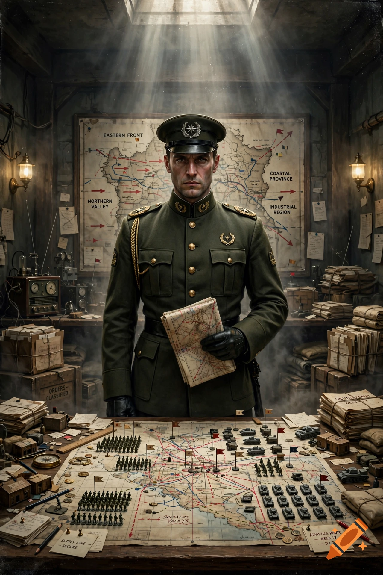 Photorealistic image of a stern military officer in a green uniform standing over a war room table with maps and miniature figures.