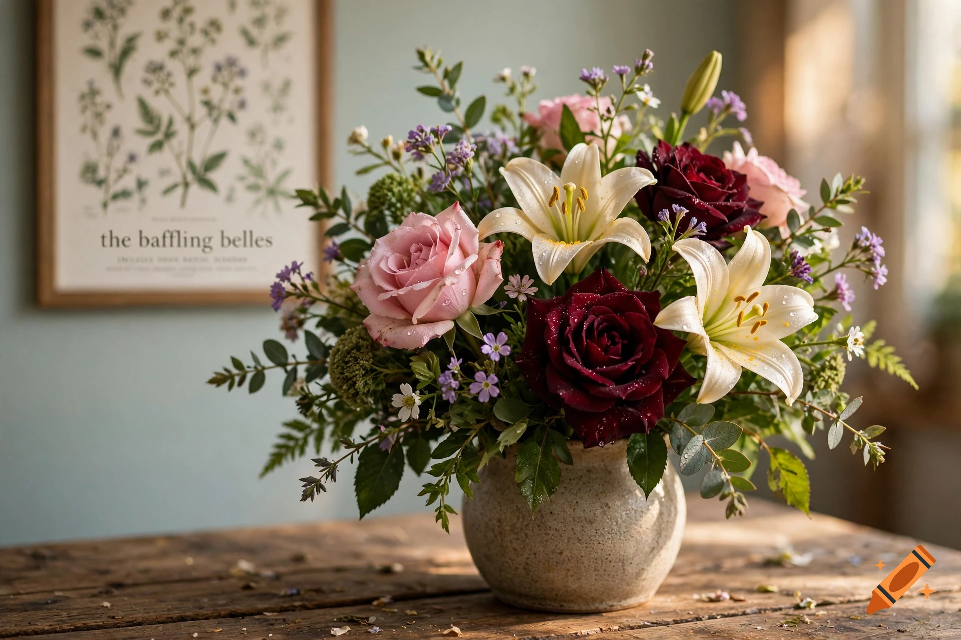 Photorealistic floral arrangement in a ceramic vase on a wooden table, with a botanical print on the wall behind.