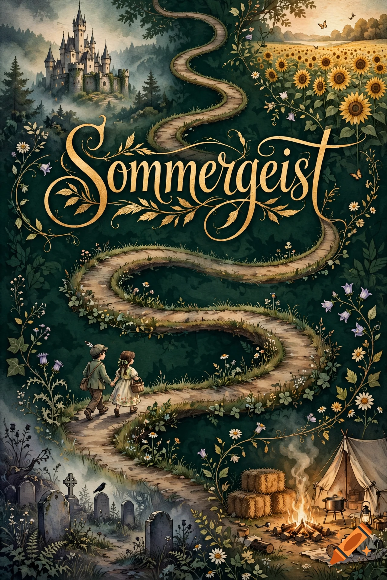 Fantasy book cover illustration with a winding path, castle, sunflower field, campfire, and children, featuring the title Sommergeist.