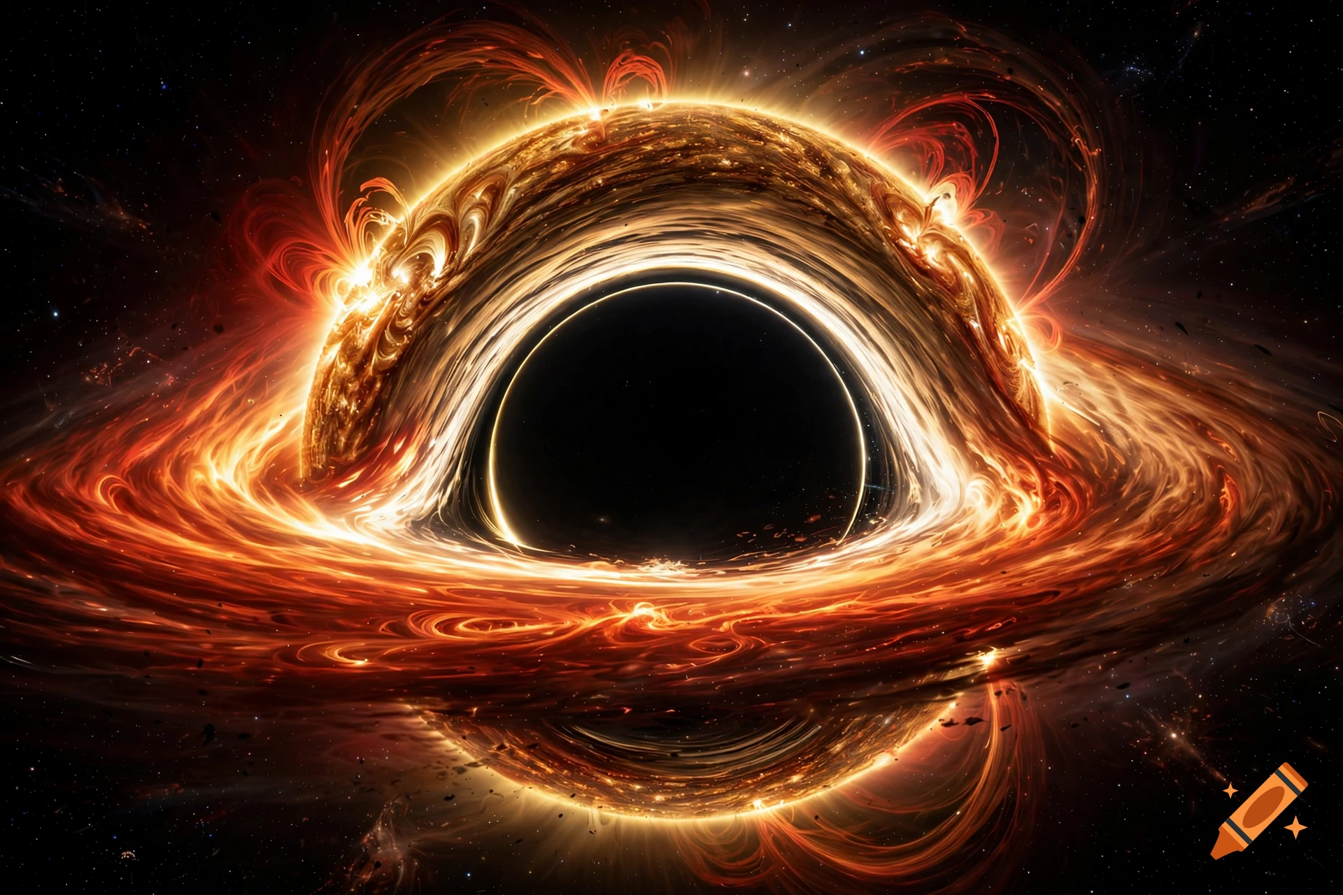 A glowing black hole with bright orange accretion disk and solar flares in deep space.