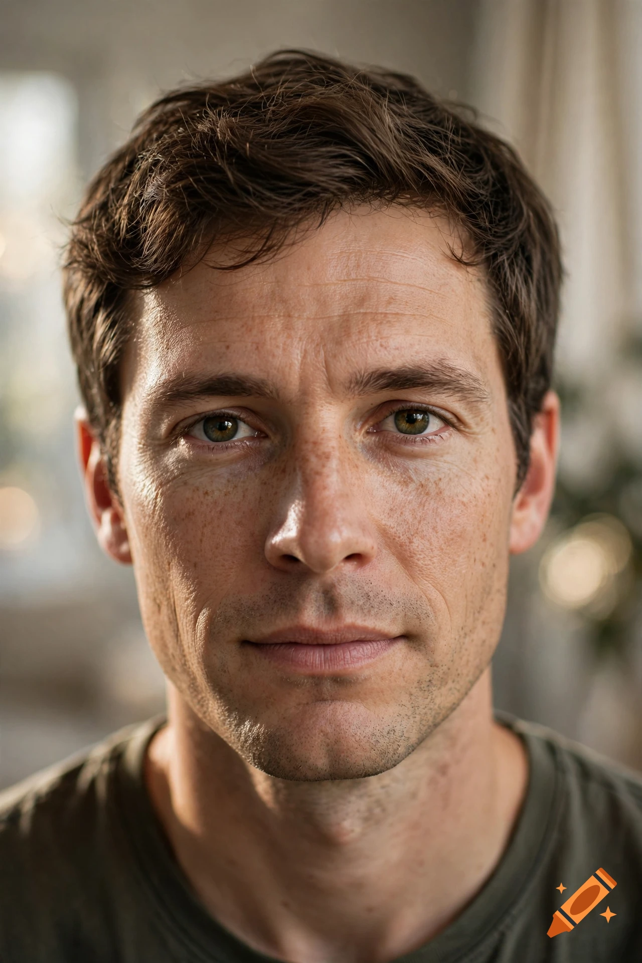 Close-up portrait of a man with short brown hair, freckles, and light-colored eyes looking directly forward.