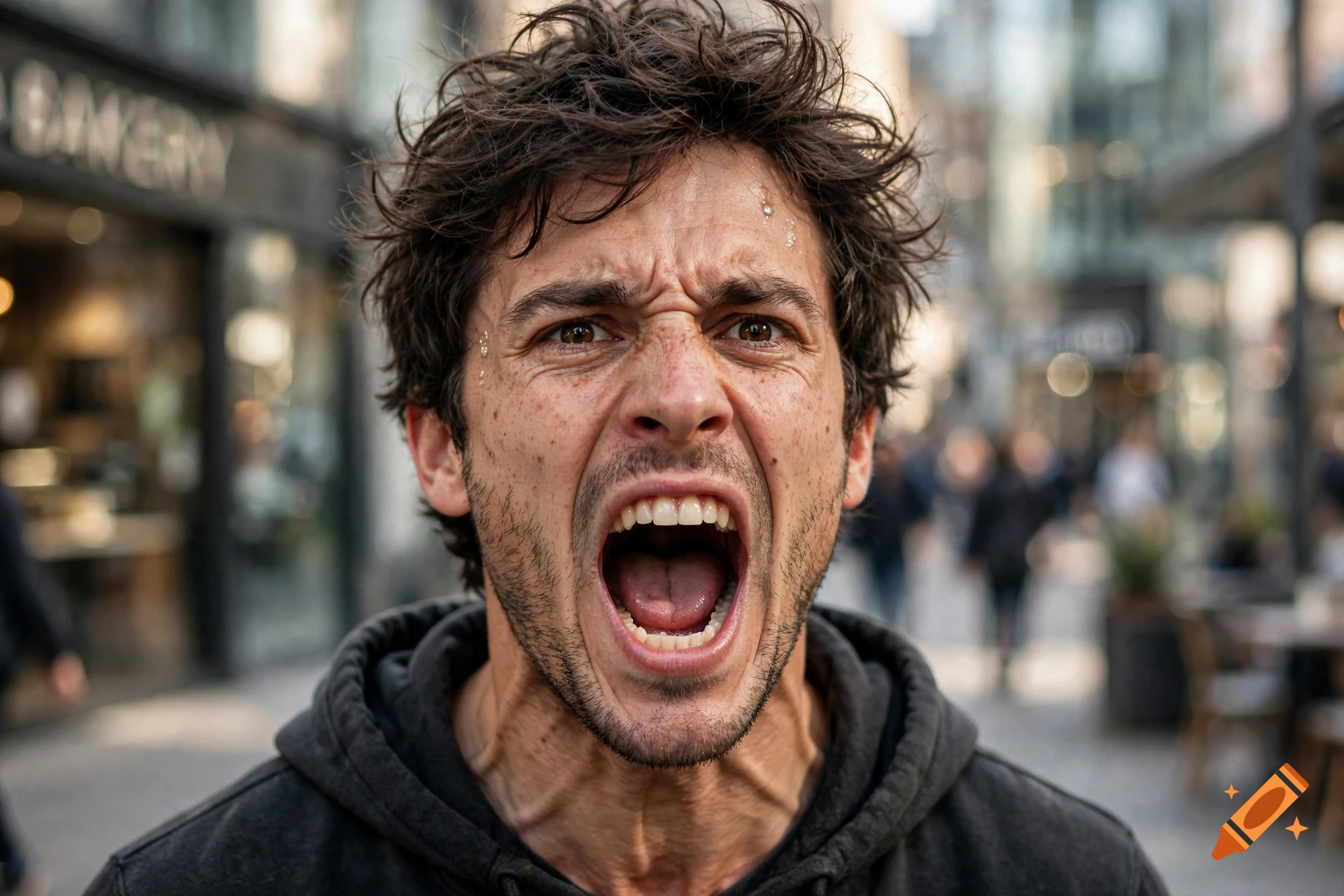 Close-up photorealistic portrait of a shouting man with messy hair and sweat on his face on a city street.