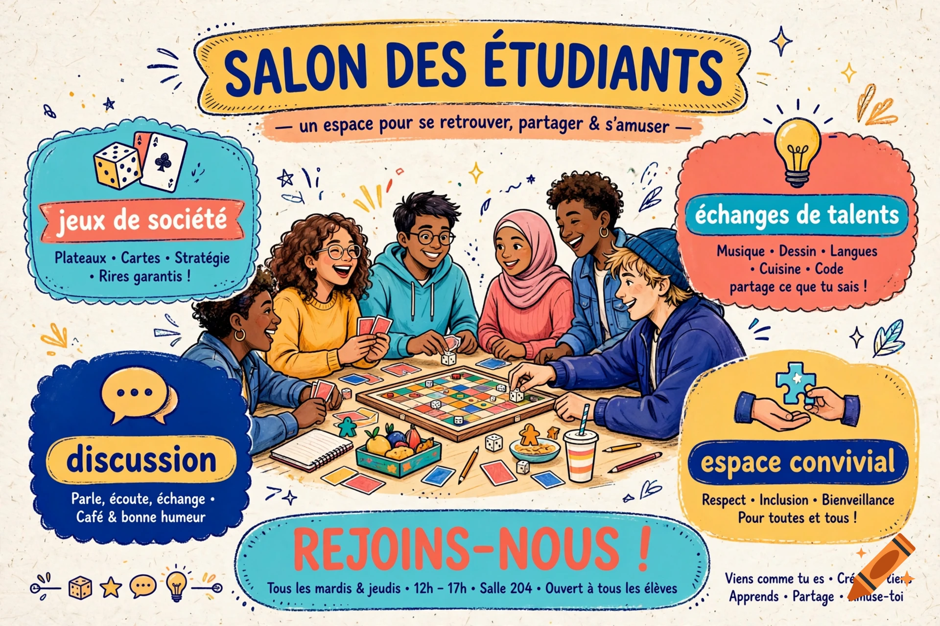 Colorful illustrated poster for a student lounge with board games, discussions, and talent exchanges in French.