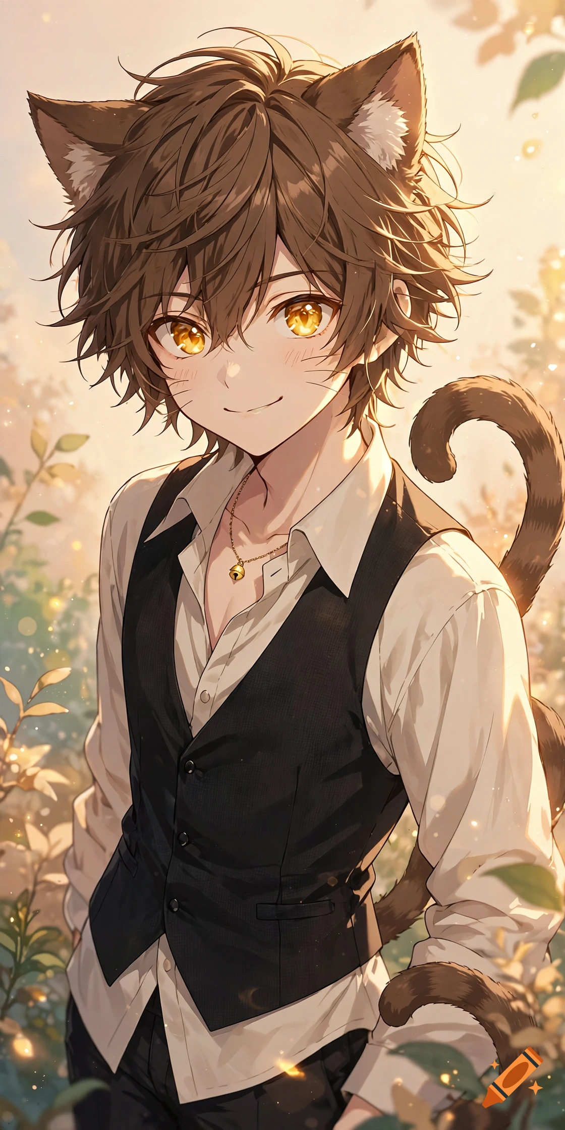 Anime style illustration of a young male cat boy with brown hair, amber eyes, cat ears, and a tail, wearing a button-down shirt and vest.