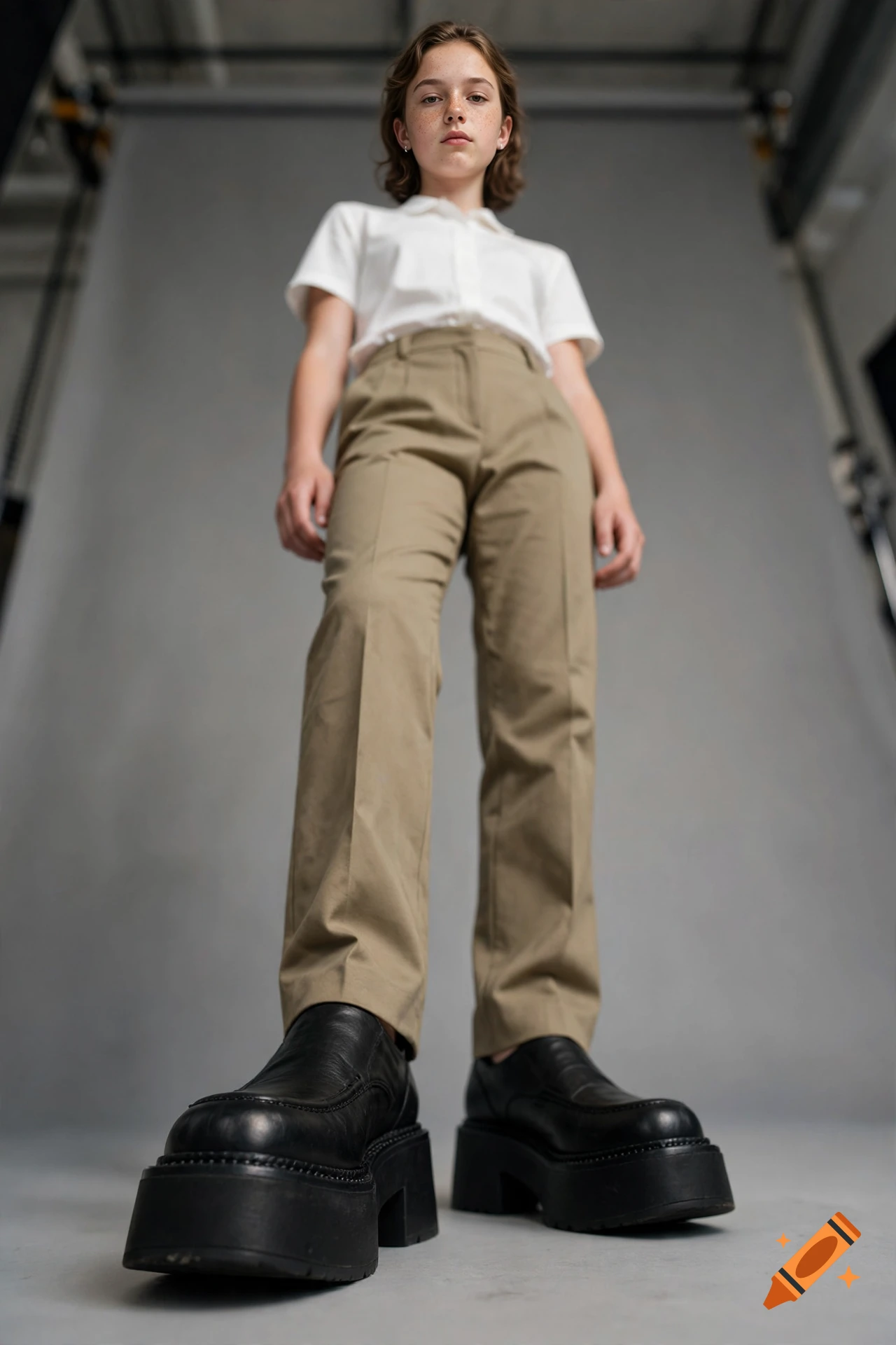 Low angle photograph of a tween model standing on a grey background, wearing a white button-down shirt, tan trousers, and chunky black platform shoes.
