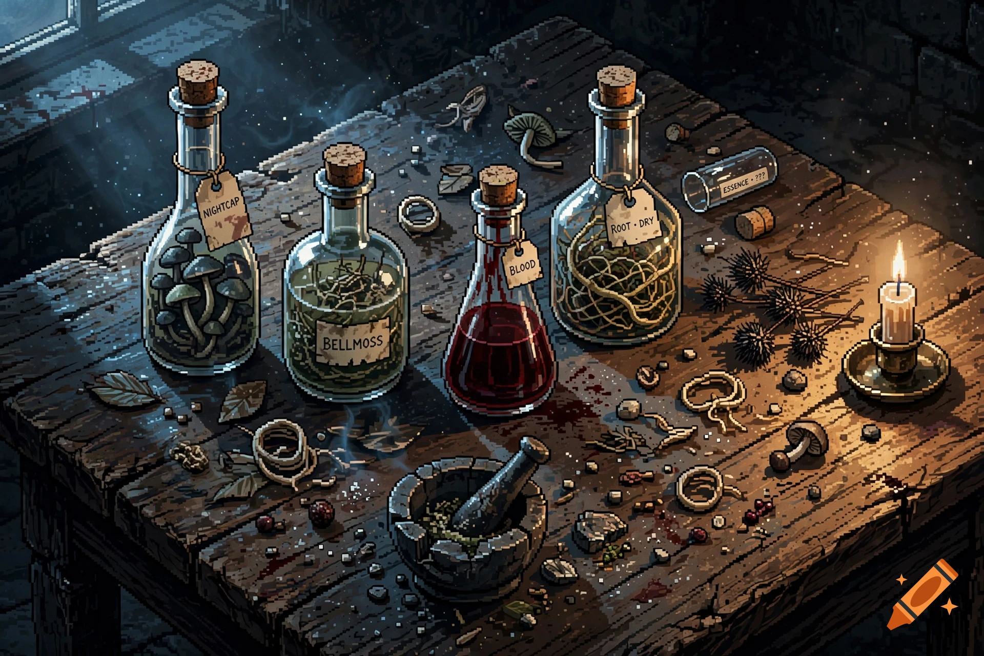 Pixel-art style illustration of a witch's wooden table filled with potion bottles, herbs, mushrooms, and a lit candle.