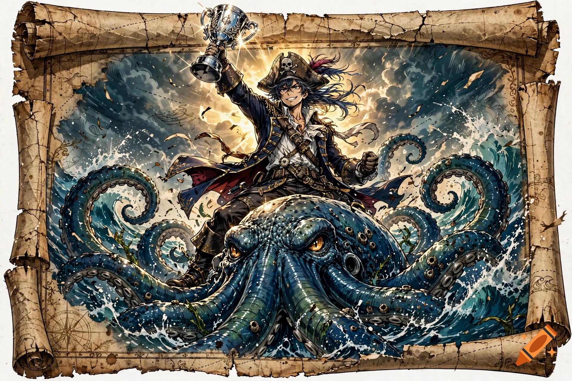 Anime style illustration of a smiling pirate holding a trophy while standing on a giant octopus, framed by an old treasure map.