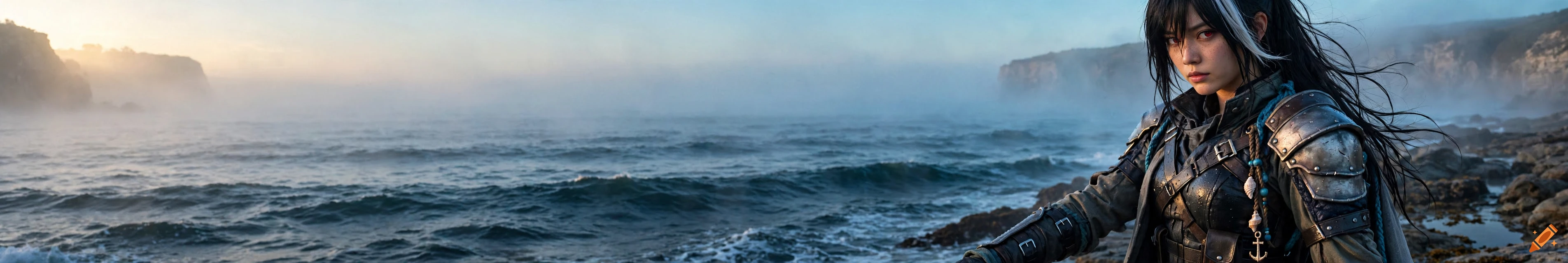 A live-action style depiction of a female warrior with dark hair and red eyes in leather armor standing by the sea in the fog.